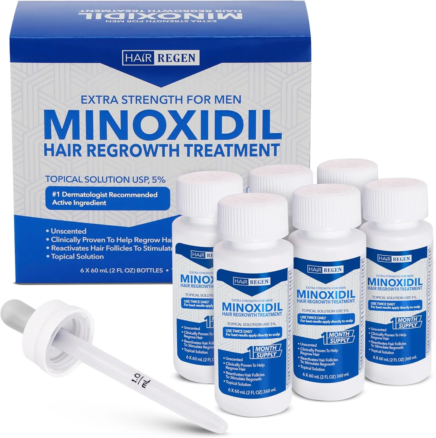 محلول موضعی تقویت کننده مو Hair-Regen Advanced حاوی 5% ماینوکسیدیل برای درمان ریزش و کم پشتی موی آقایان - دوره 6 ماهه، محلول موضعی ماینوکسیدیل برای رشد موهای ضخیم تر و پرپشت تر و نتایج شگفت انگیز