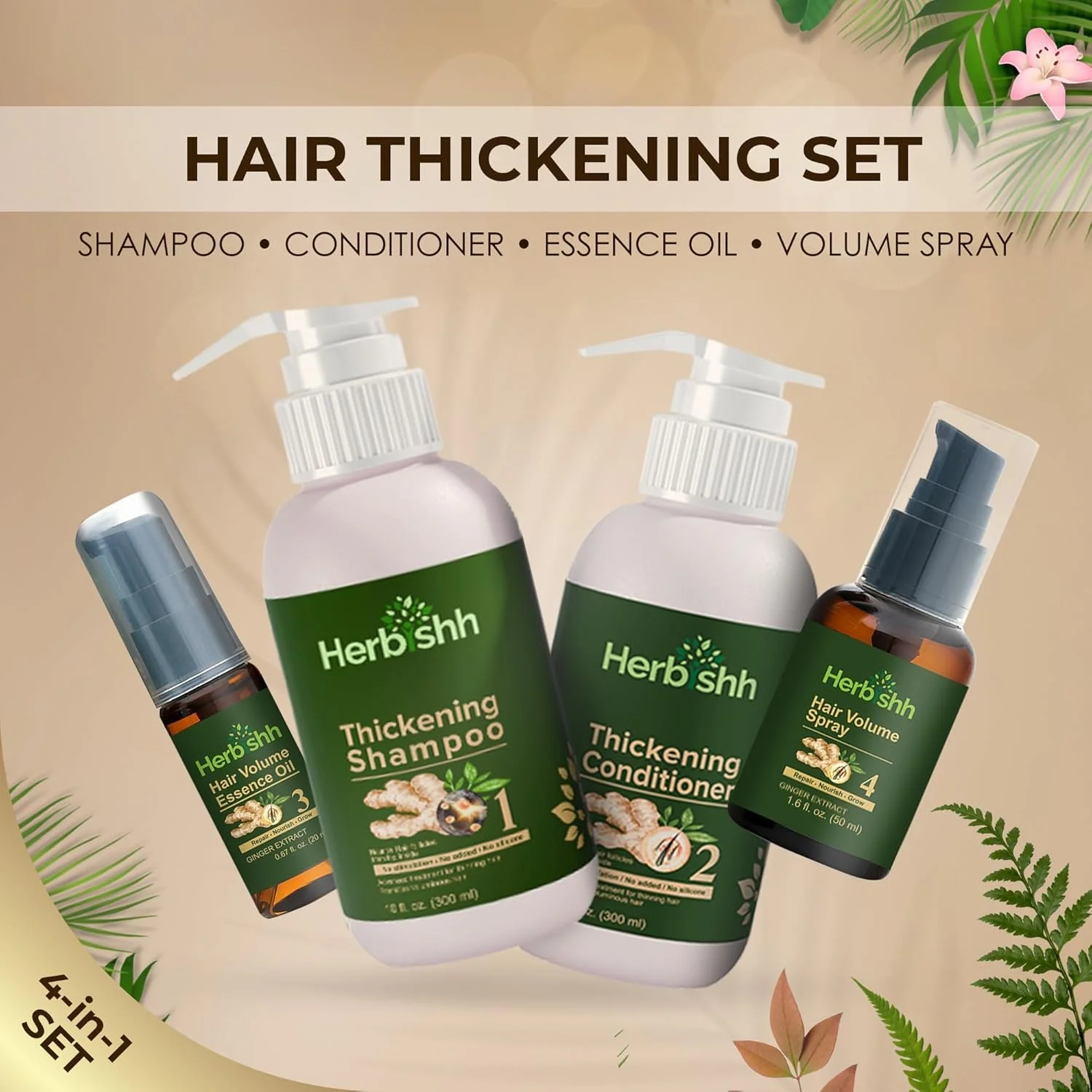 شامپو و نرم کننده ضخیم کننده مو هربیش | احیا کننده رشد مو و روغن اسانس | جلوگیری از ریزش زودرس مو (4 در 1)