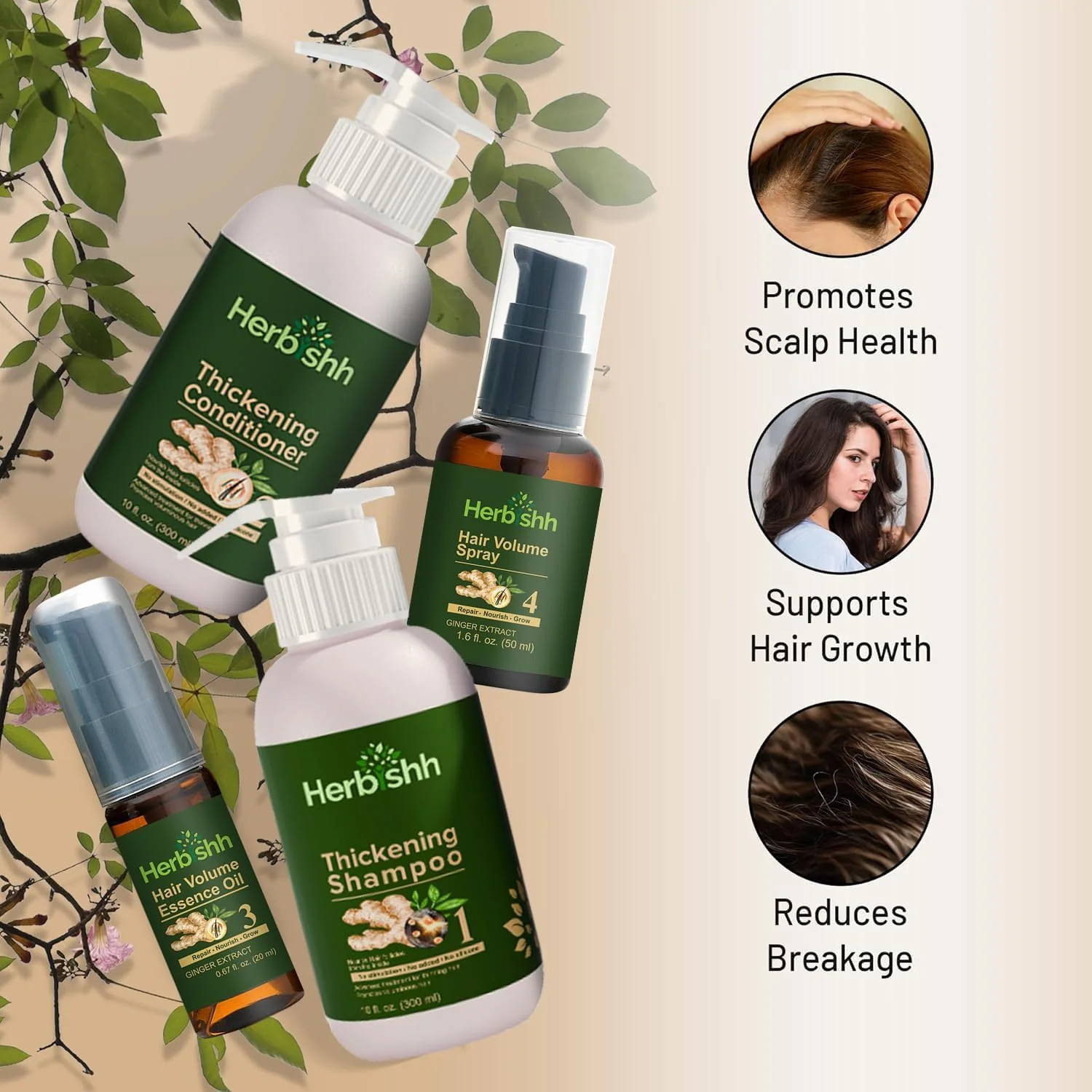 شامپو و نرم کننده ضخیم کننده مو هربیش | احیا کننده رشد مو و روغن اسانس | جلوگیری از ریزش زودرس مو (4 در 1)