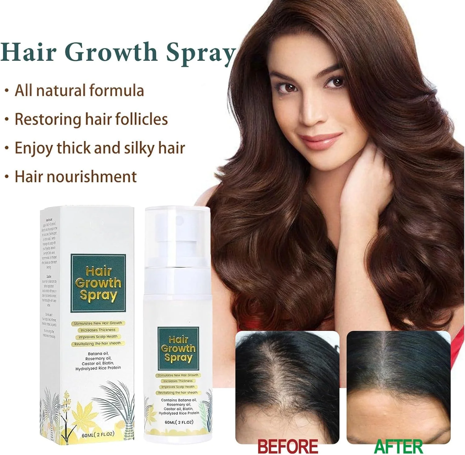 اسپری روغن تقویت کننده مو، حاوی روغن های باتانا، رزماری، کرچک، روغن برنج و غنی شده با بیوتین، مراقبت از پوست سر، مرطوب کننده و مغذی پوست سر، تقویت کننده و ضخیم کننده موهای نازک، مناسب برای انواع مو زنانه و مردانه