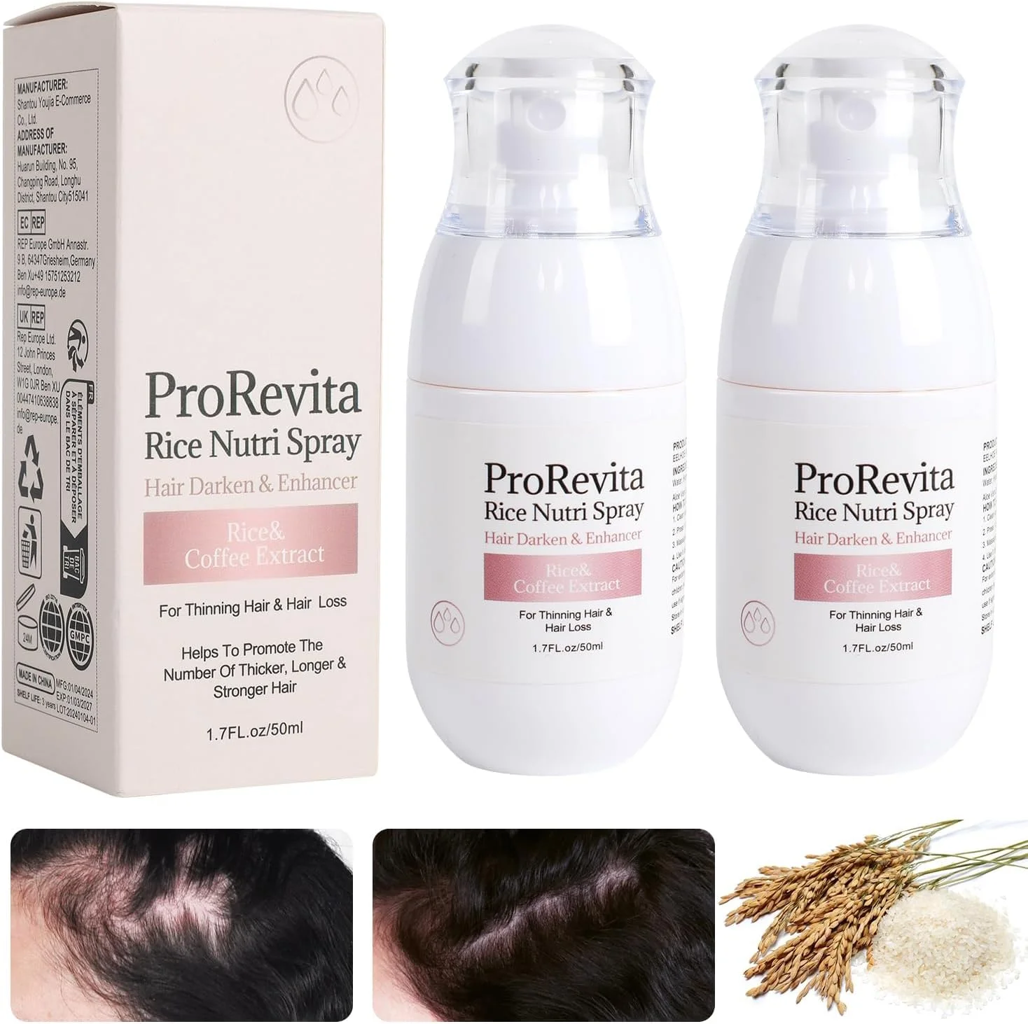 اسپری کمک رشد مو با آب برنج LBOYLOVE® (دو عدد) برای موهای نازک، روغن بدون بو برای انواع مو، اسپری طبیعی غلیظ کننده با جذب سریع، اسپری آب برنج طبیعی برای رشد مجدد مو، مناسب برای خانم ها و آقایان