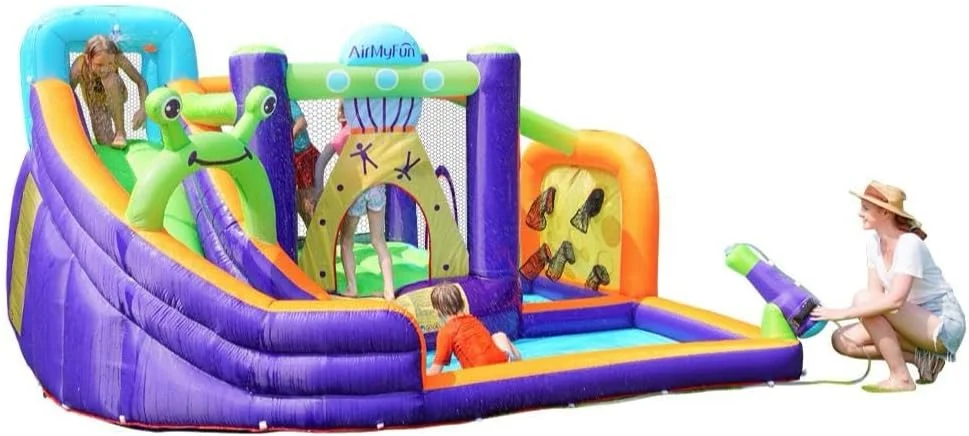 قلعه بادی سرسره آبی AirMyFun با طرح قورباغه مناسب کودکان بزرگ 8-12 سال با سرسره بلند و تفنگ آبپاش برای حیاط خلوت کودکان قلعه بادی سرسره آبی AirMyFun با طرح قورباغه مناسب کودکان بزرگ 8-12 سال با سرسره بلند و تفنگ آبپاش برای حیاط خلوت کودکان