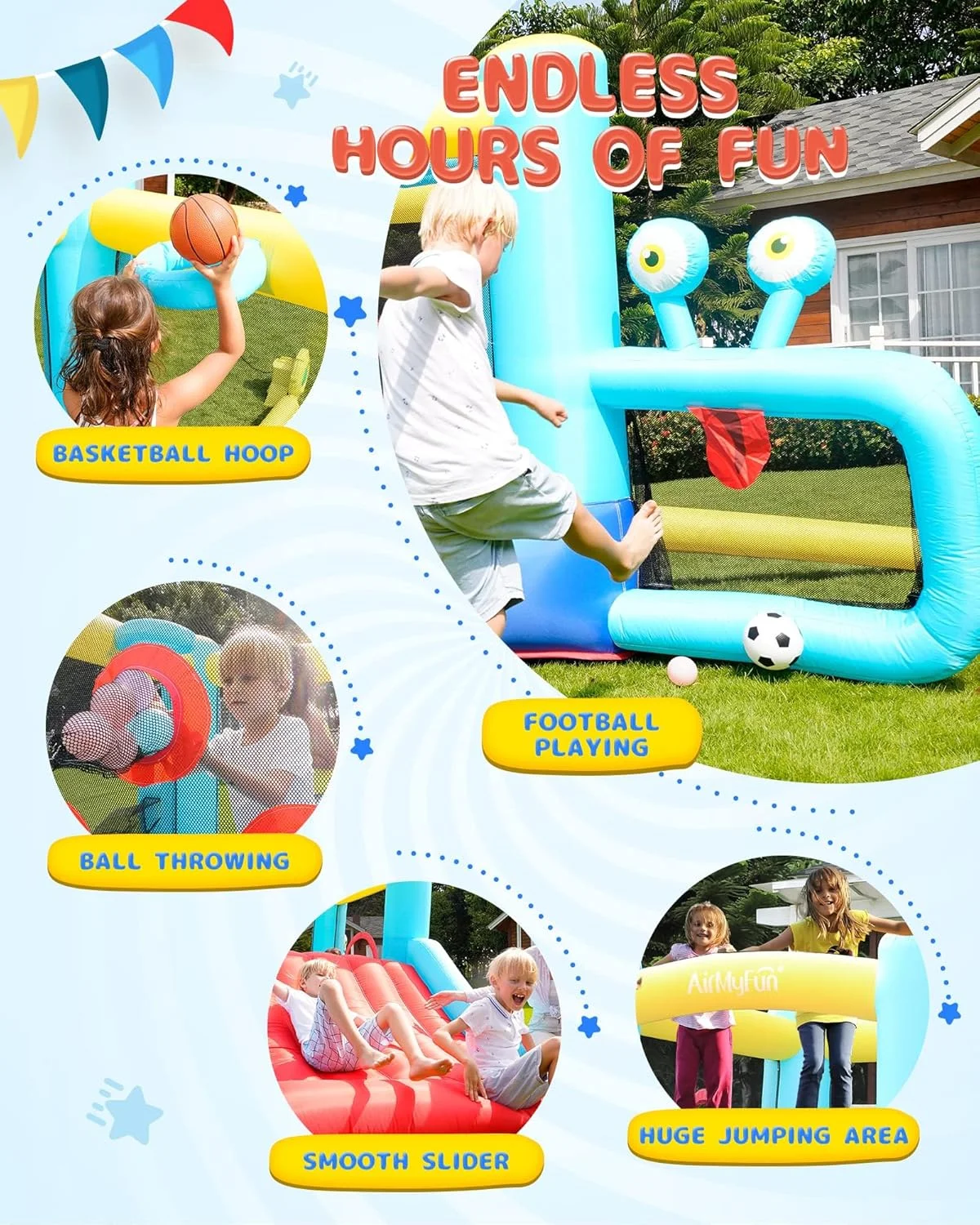 قلعه بادی AirMyFun با سرسره، خانه بادی بزرگسالان با دمنده، استخر توپ، حلقه بسکتبال - قلعه پرشی برای تفریح و مهمانی های خانوادگی در فضای داخلی و خارجی. قلعه بادی AirMyFun با سرسره، خانه بادی بزرگسالان با دمنده، استخر توپ، حلقه بسکتبال - قلعه پرشی برای تفریح و مهمانی های خانوادگی در فضای داخلی و خارجی.