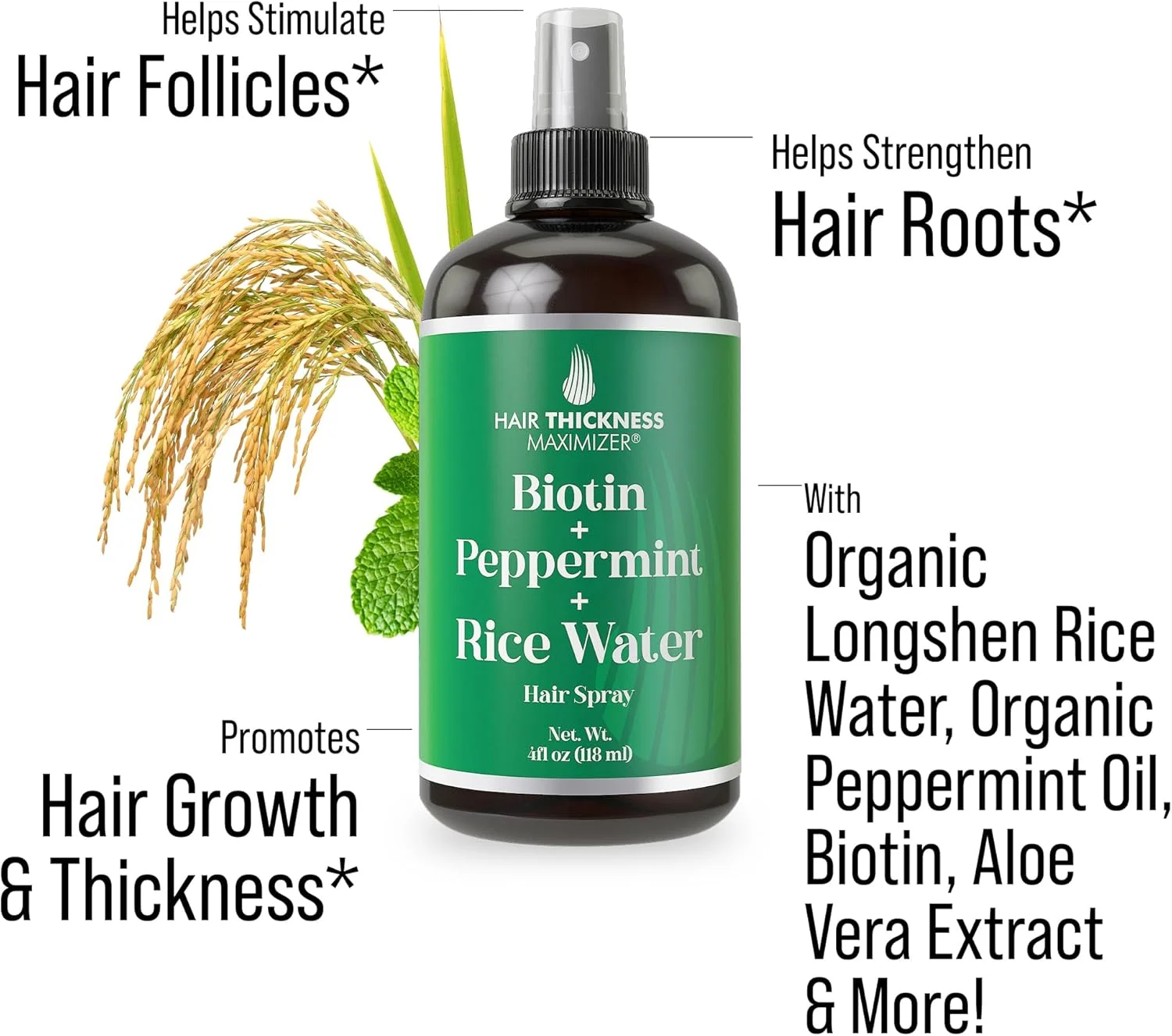 اسپری بیوتین + نعناع فلفلی + آب برنج برای رشد مو. نرم کننده مو گیاهی بدون نیاز به آبکشی برای زنان و مردان. تقویت کننده و آبرسان موهای نازک و خشک برای داشتن پوست سر سالم تر