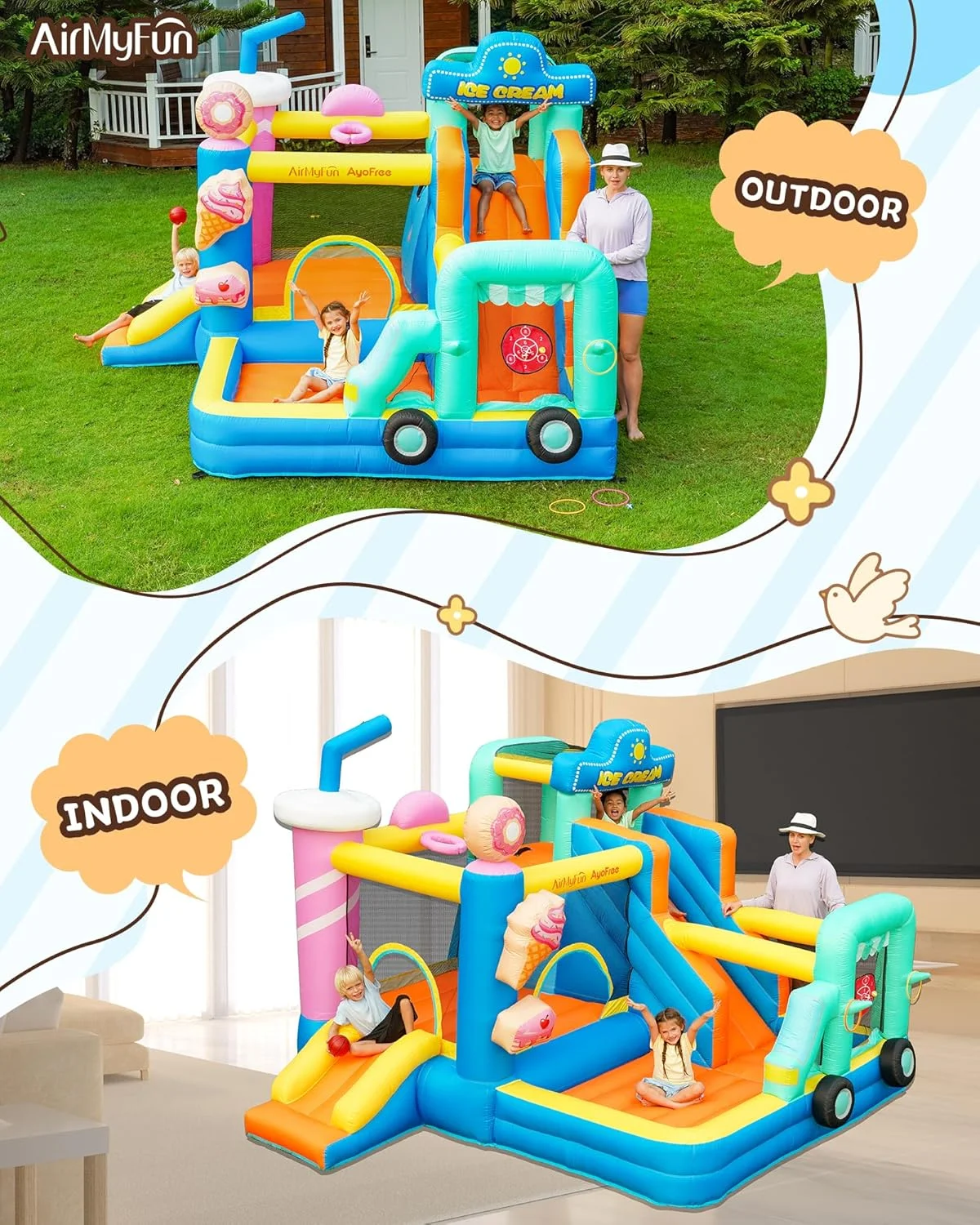 قلعه بادی AirMyFun با سرسره دوتایی با طرح بستنی، مناسب برای کودکان قلعه بادی AirMyFun با سرسره دوتایی با طرح بستنی، مناسب برای کودکان