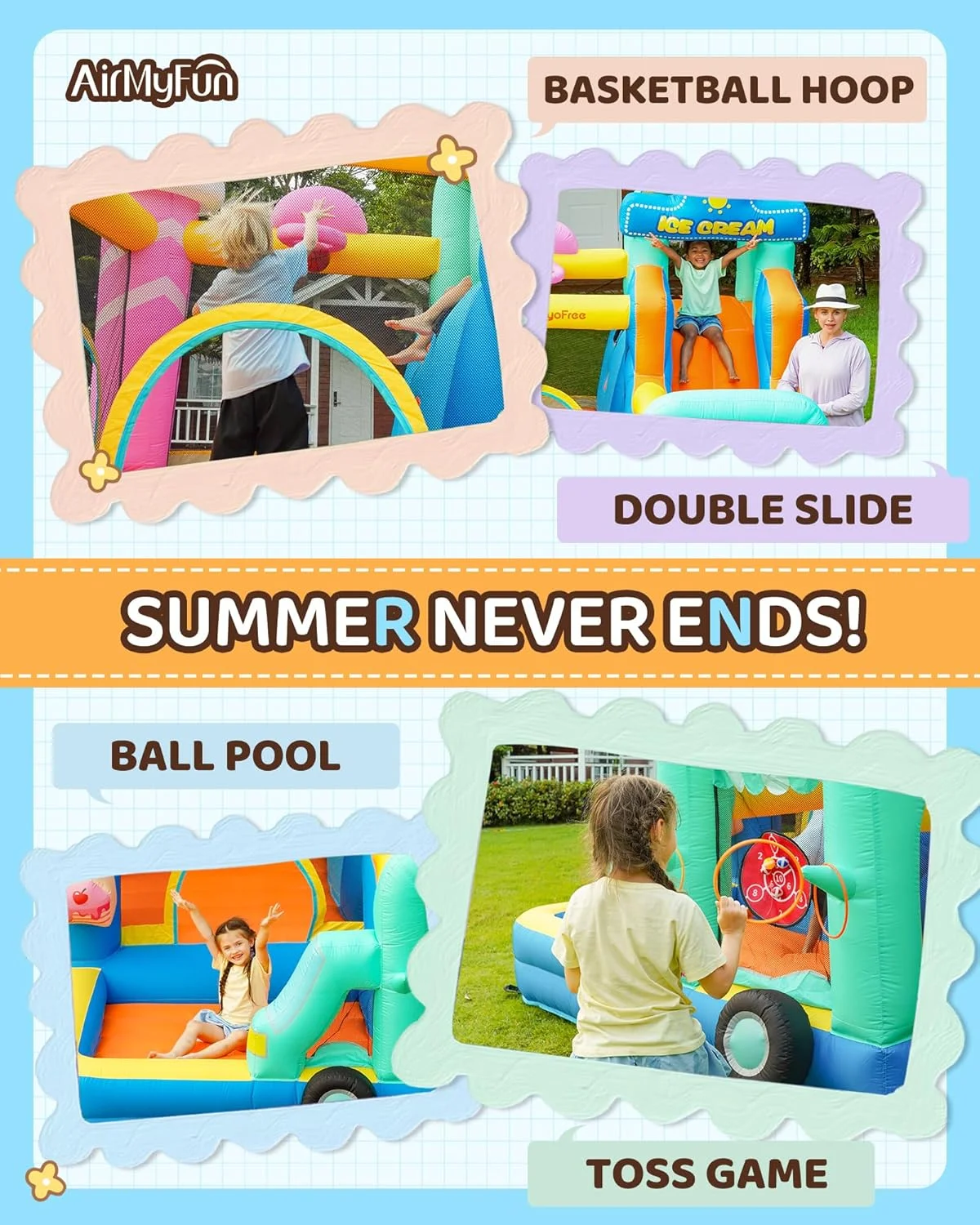 قلعه بادی AirMyFun با سرسره دوتایی با طرح بستنی، مناسب برای کودکان قلعه بادی AirMyFun با سرسره دوتایی با طرح بستنی، مناسب برای کودکان
