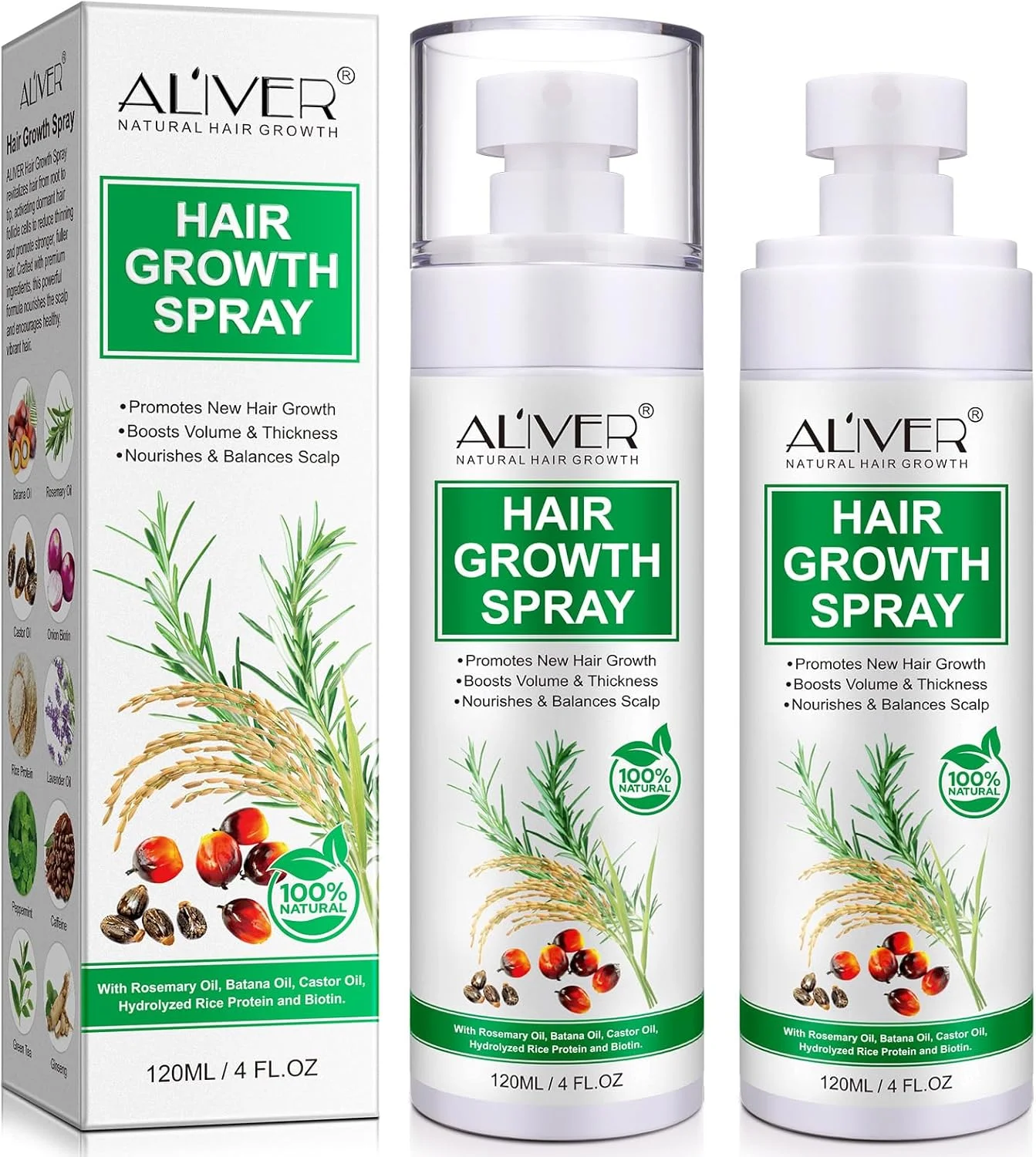 اسپری تقویت کننده رشد مو، افزایش حجم و ضخامت، تغذیه و تعادل پوست سر، کمک به کاهش ریزش و تقویت مو. مناسب برای انواع مو، 2x120ml