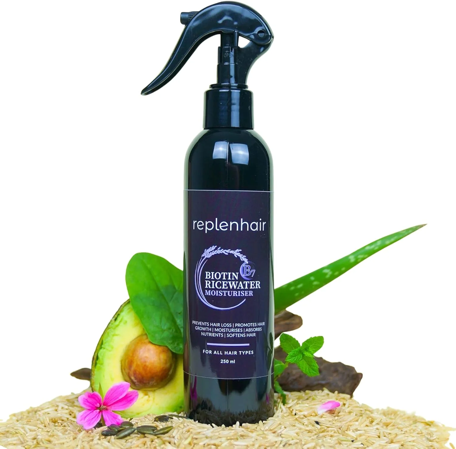 اسپری رشد مو با آب برنج و بیوتین - نرم کننده مو حاوی روغن بیوتین و روغن های ضروری برای رشد مو، بطری اسپری مرطوب کننده برای ریزش مو، شوره سر و تغذیه، 250 میلی لیتر