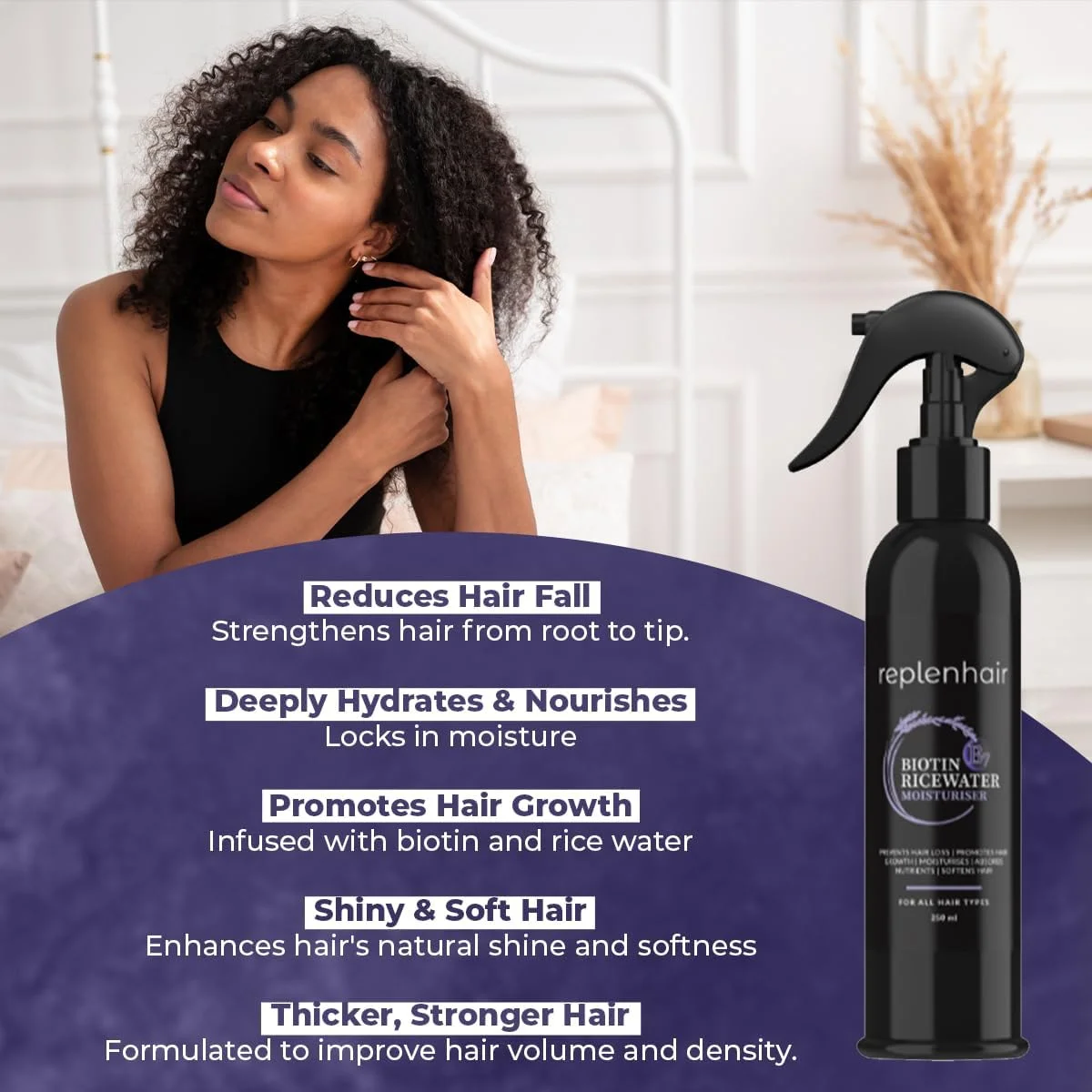 اسپری رشد مو با آب برنج و بیوتین - نرم کننده مو حاوی روغن بیوتین و روغن های ضروری برای رشد مو، بطری اسپری مرطوب کننده برای ریزش مو، شوره سر و تغذیه، 250 میلی لیتر