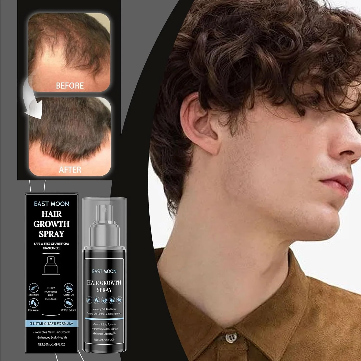 اسپری تقویت کننده طبیعی مو برای آقایان حاوی روغن باتانا، رزماری، آب برنج، روغن کرچک، بیوتین و کافئین. ضخیم کننده مو، تغذیه کننده پوست سر، جلوگیری از ریزش مو، درمان سریع برای نازک شدن مو