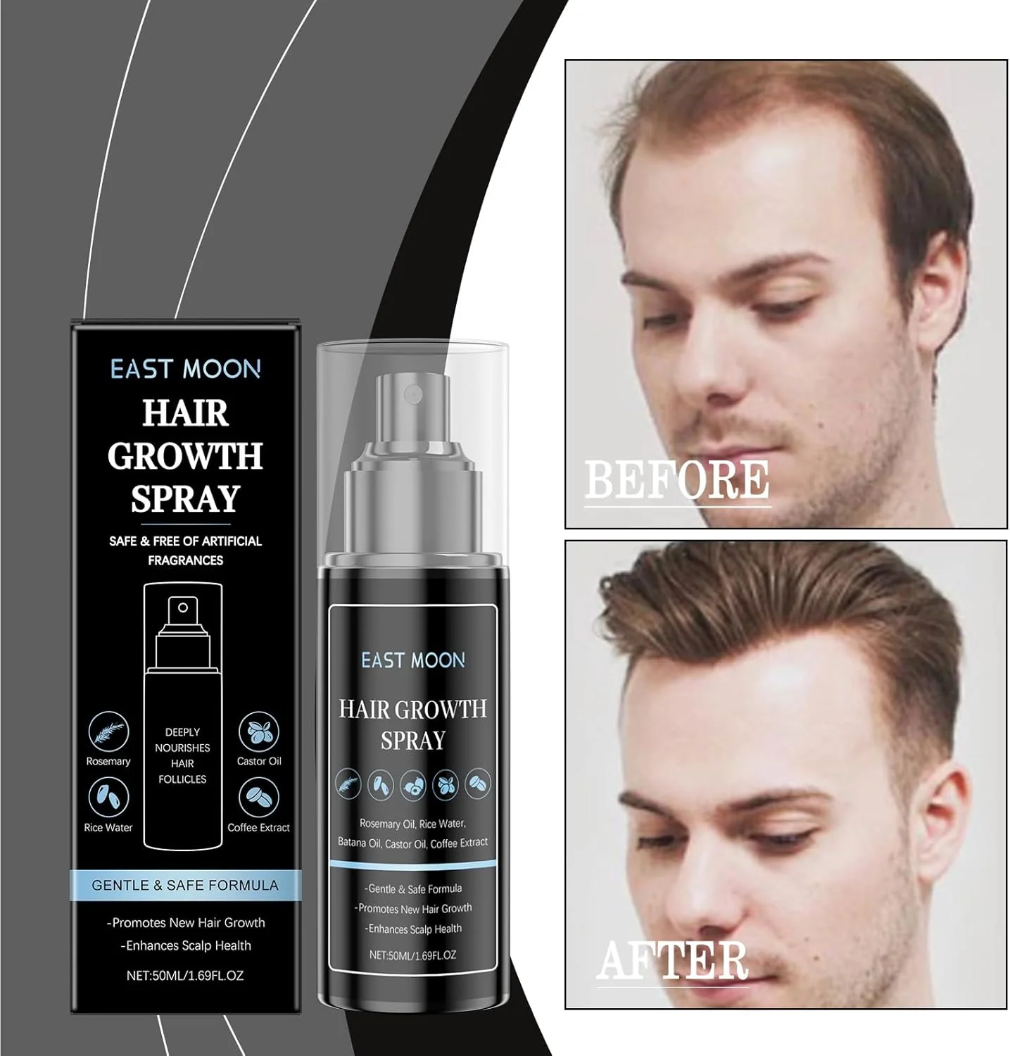 اسپری تقویت کننده طبیعی مو برای آقایان حاوی روغن باتانا، رزماری، آب برنج، روغن کرچک، بیوتین و کافئین. ضخیم کننده مو، تغذیه کننده پوست سر، جلوگیری از ریزش مو، درمان سریع برای نازک شدن مو