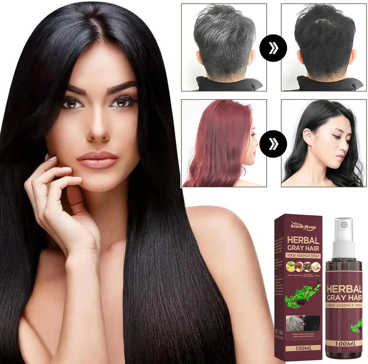 اسپری درمان گیاهی موهای سفید، اسپری اسانس رشد تونیک گیاهی | تغییر موهای سفید خاکستری به مشکی به طور طبیعی، ضد خشکی و وز، آسیب دیده و نازک، محصول زیبایی مو