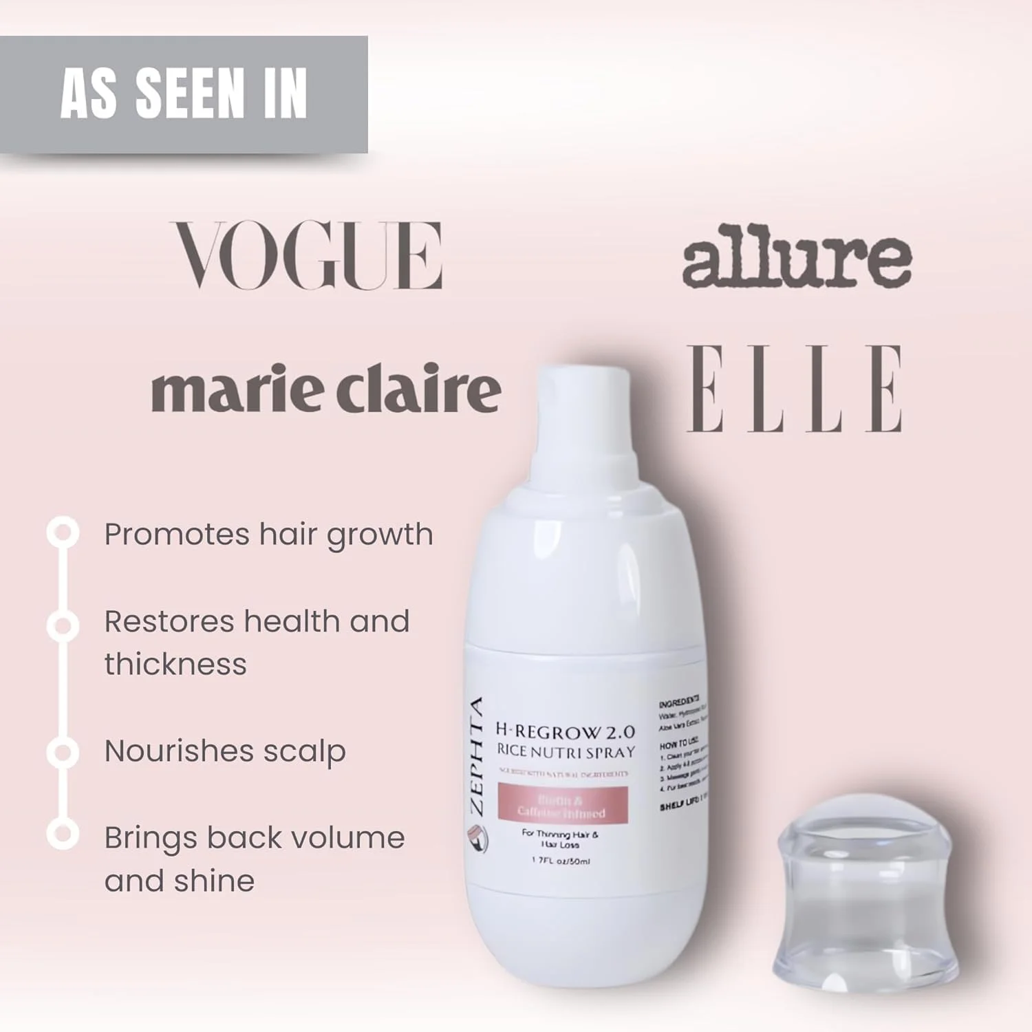 اسپری رشد مو H-Regrow – حاوی آب برنج، بیوتین، آلوئه ورا، کافئین و زنجبیل – محصول رشد مو برای آقایان و بانوان – برای پوست سر نازک