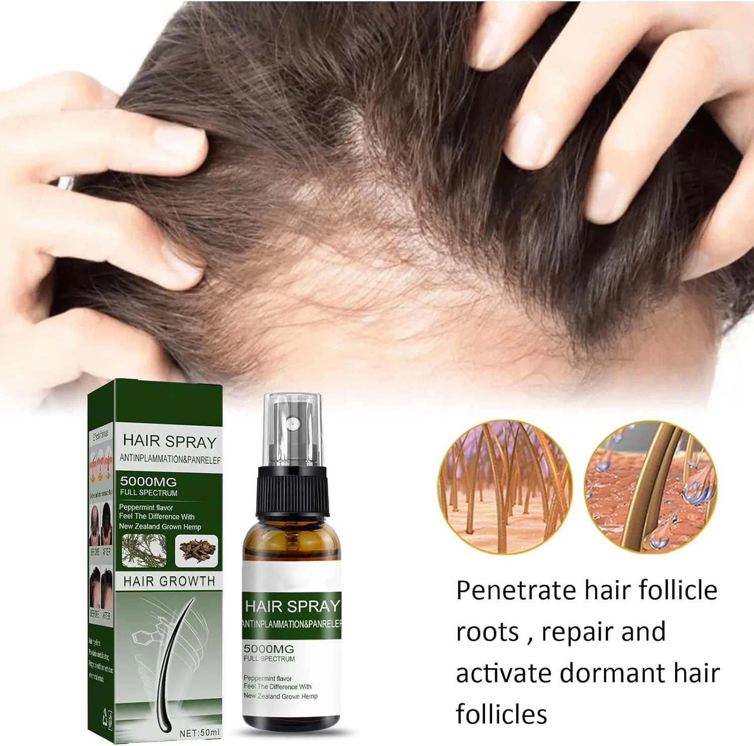 اسپری رشد مو، درمان ریزش مو، مراقبت مغذی برای رشد مو، درمان رشد مجدد مو با مواد طبیعی برای رشد مو، ترمیم فولیکول های مو، مناسب برای انواع مو