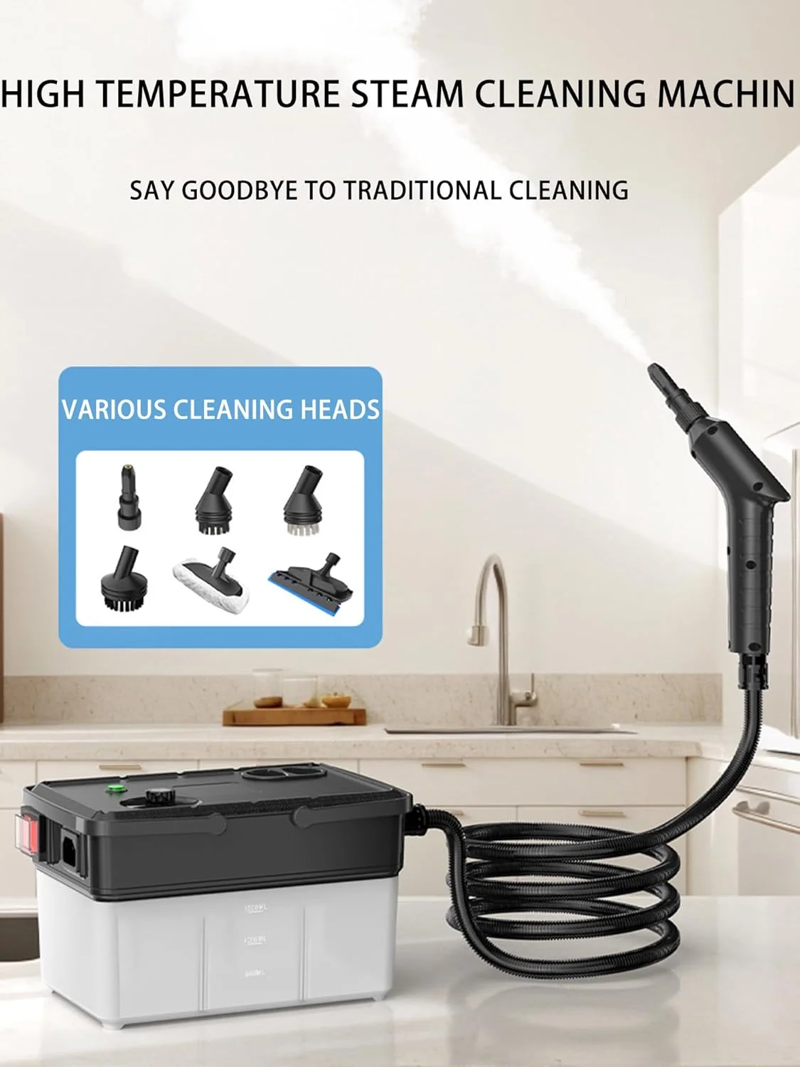 دستگاه بخارشوی خودرو و منزل، چند منظوره، 1500 وات، 6 سطح قابل تنظیم، دارای 6 برس، برای از بین بردن لکه، خودرو، مبل، کف، حمام، پنجره
