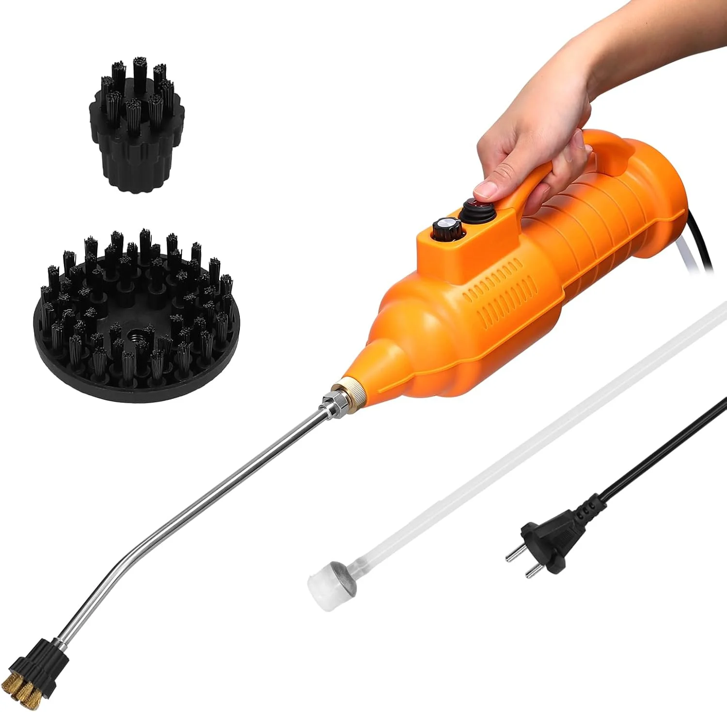 دستگاه بخارشوی چند منظوره خانگی با دمای بالا، دارای شلنگ شفاف، دکمه تنظیم خروجی آب، مجموعه کامل نازل، میله افزایش طول خمیده و برس های گرد برای تهویه مطبوع و غیره