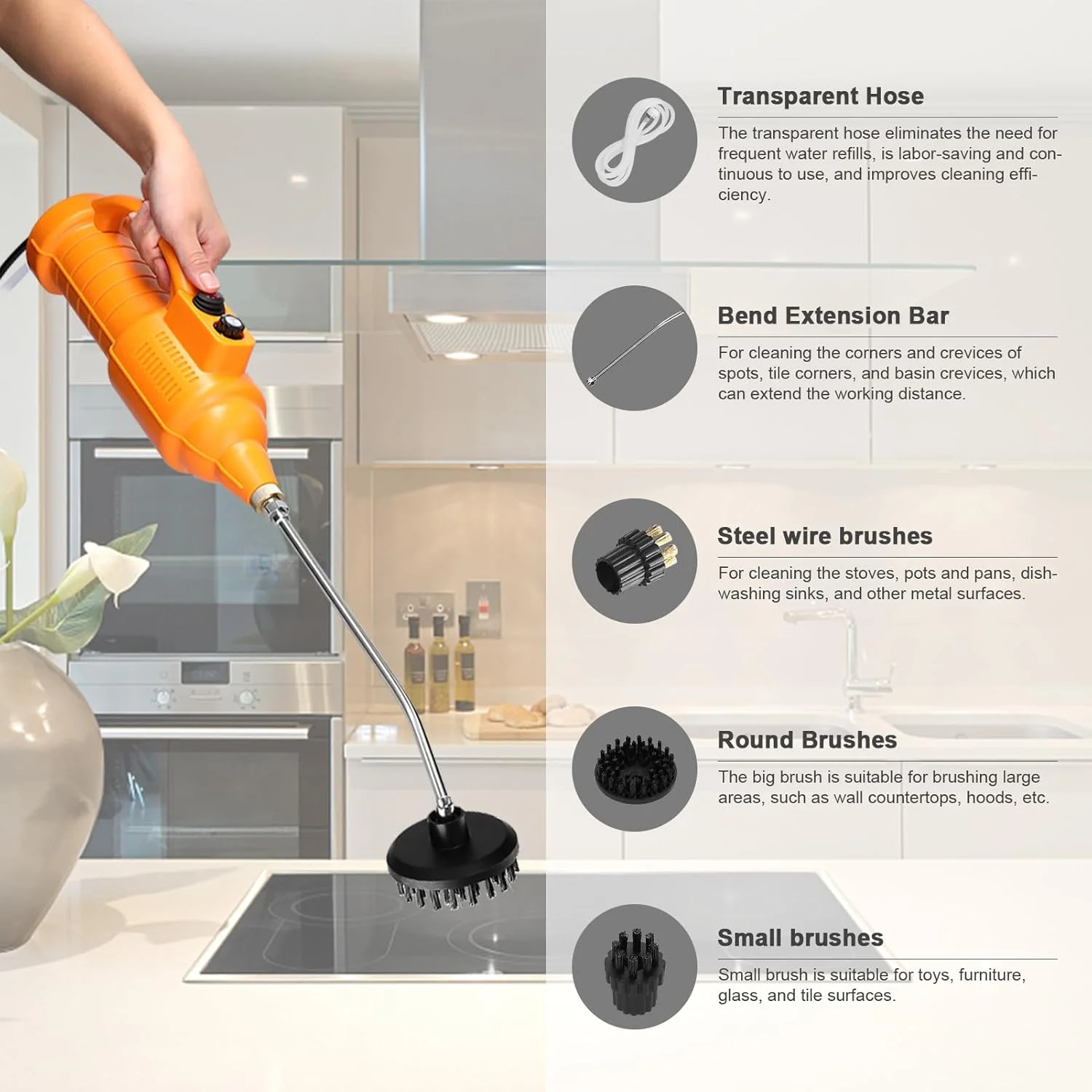 دستگاه بخارشوی چند منظوره خانگی با دمای بالا، دارای شلنگ شفاف، دکمه تنظیم خروجی آب، مجموعه کامل نازل، میله افزایش طول خمیده و برس های گرد برای تهویه مطبوع و غیره دستگاه بخارشوی چند منظوره خانگی با دمای بالا، دارای شلنگ شفاف، دکمه تنظیم خروجی آب، مجموعه کامل نازل، میله افزایش طول خمیده و برس های گرد برای تهویه مطبوع و غیره