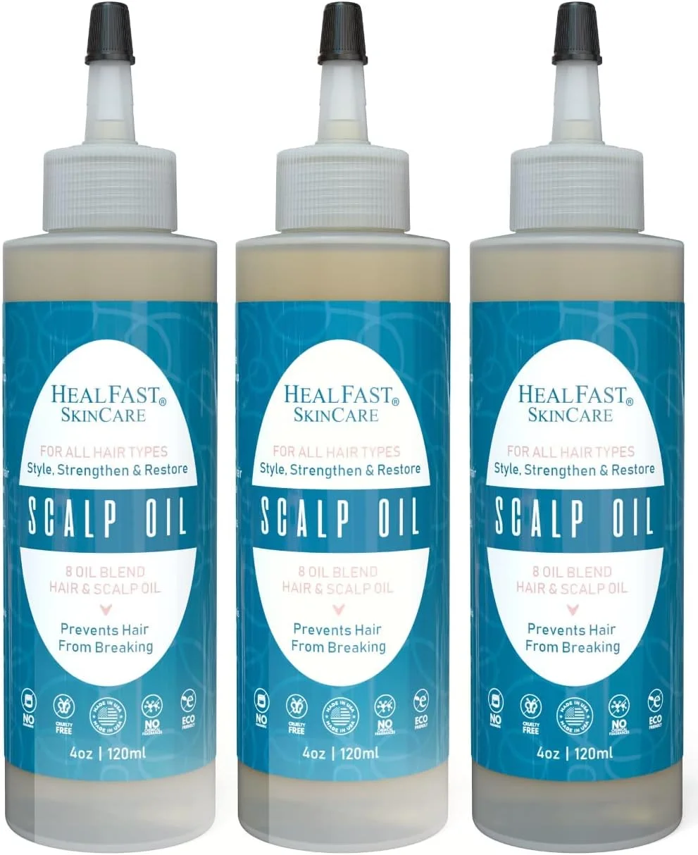 روغن مو و پوست سر Heal Fast (بسته 3 عددی) | ترکیبی از 8 روغن طبیعی با روغن آرگان، جوجوبا و کرچک برای رشد موی بانوان - حالت دهنده، تقویت کننده و ترمیم کننده - مناسب انواع مو و موهای فر - 3 بطری