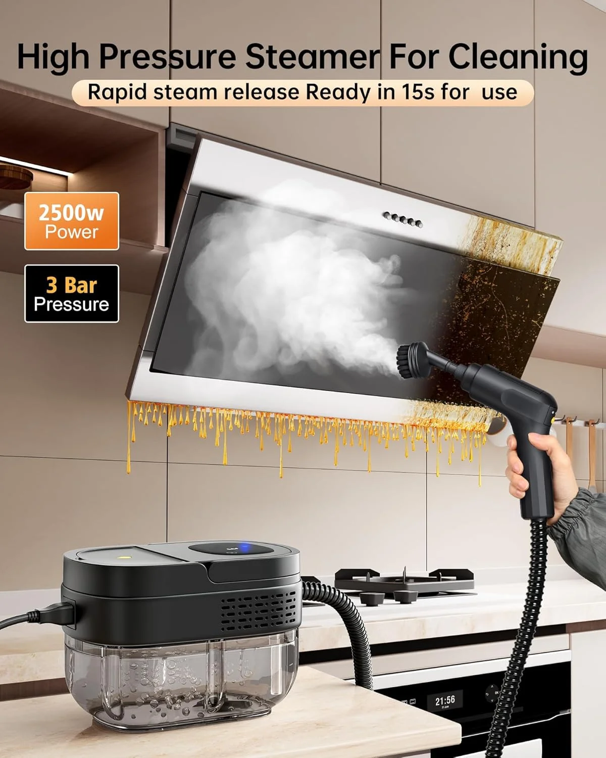 بخارشوی دستی Dsocoool، بخار شوی 2500 واتی با مخزن بزرگ 1.6 لیتری، بخارشوی دمایی برای خانه، ماشین، آشپزخانه، کمپینگ