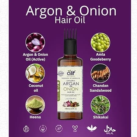 روغن مو آرگان و پیاز برای رشد، موهای ابریشمی و قوی، عصاره های روغنی خالص و ارگانیک، به طور طبیعی از ریزش مو، شوره سر و موخوره جلوگیری می کند، 100% خالص با روغن جوجوبا و دانه سیاه