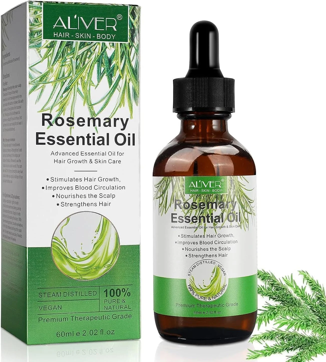 روغن رزماری ALIVER (60 میلی لیتر) سرم رشد مو، ارگانیک خالص برای موهای خشک و آسیب دیده، درمان پوست سر