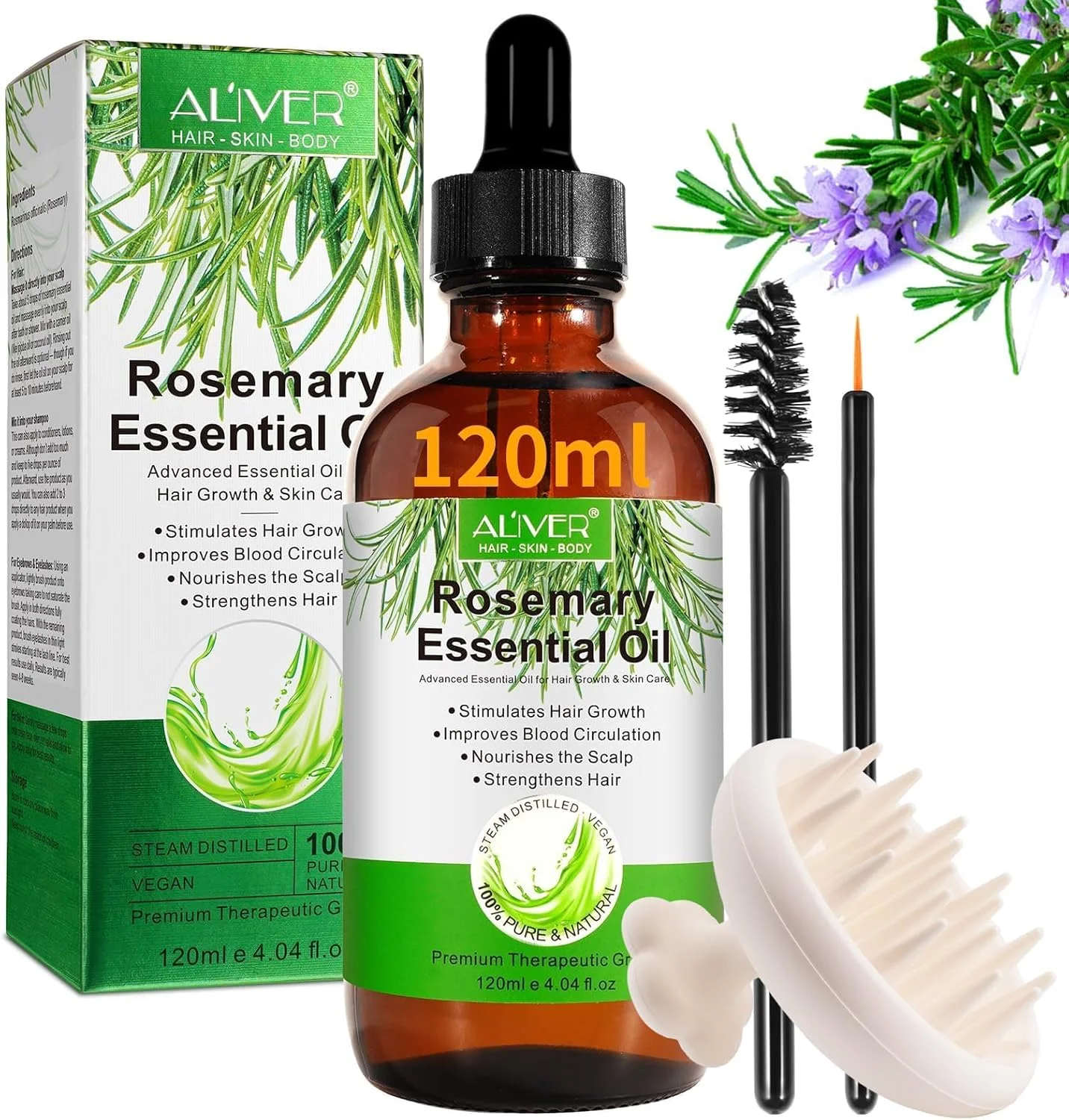 روغن رزماری ALIVER برای رشد مو (120 میلی لیتر) به همراه ماساژور سیلیکونی پوست سر، روغن ضروری ارگانیک، 100% خالص و طبیعی، تغذیه کننده پوست سر، تحریک کننده رشد مو