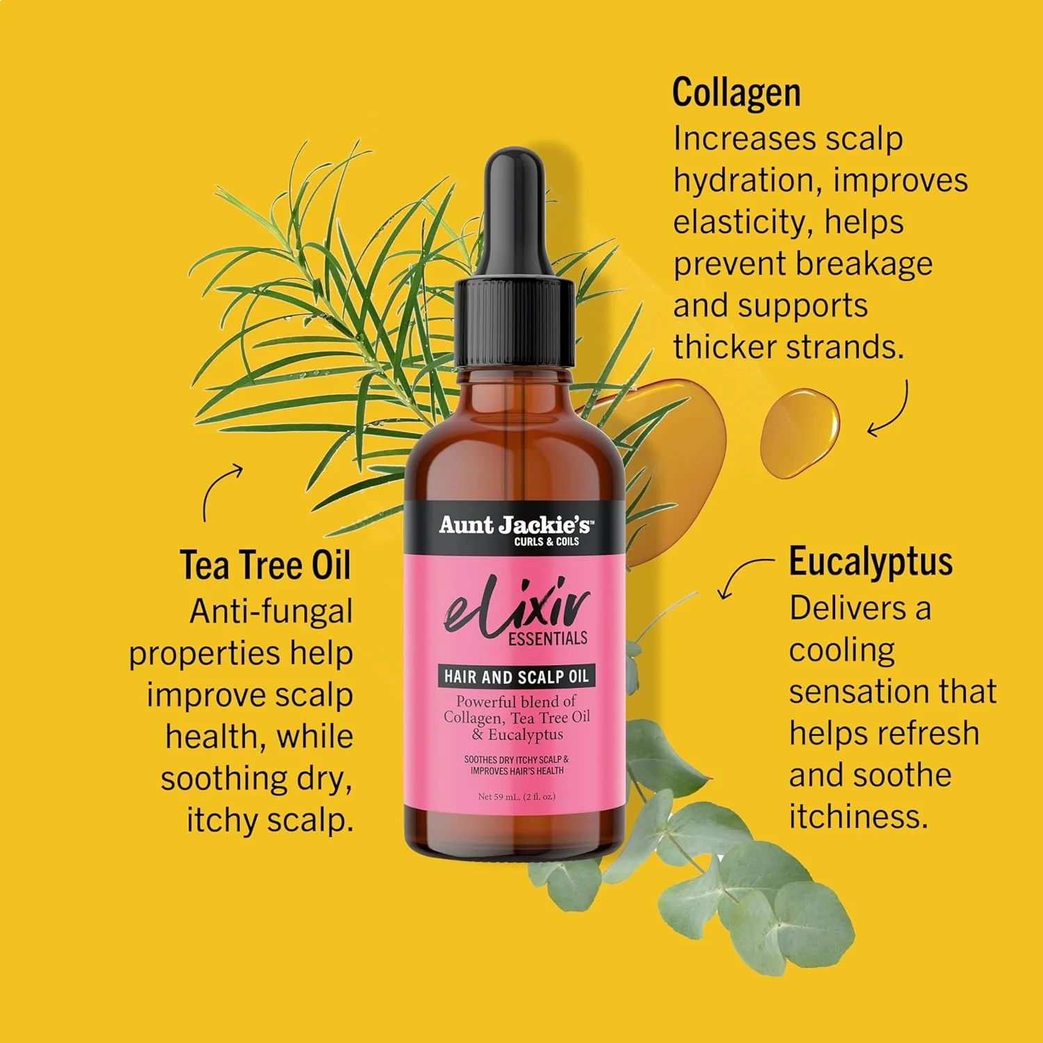 روغن مو و پوست سر Aunt Jackie's Elixir Essentials، کلاژن، روغن درخت چای و اکالیپتوس، ضخیم کننده و تقویت کننده رشد مو، 59 میلی لیتر