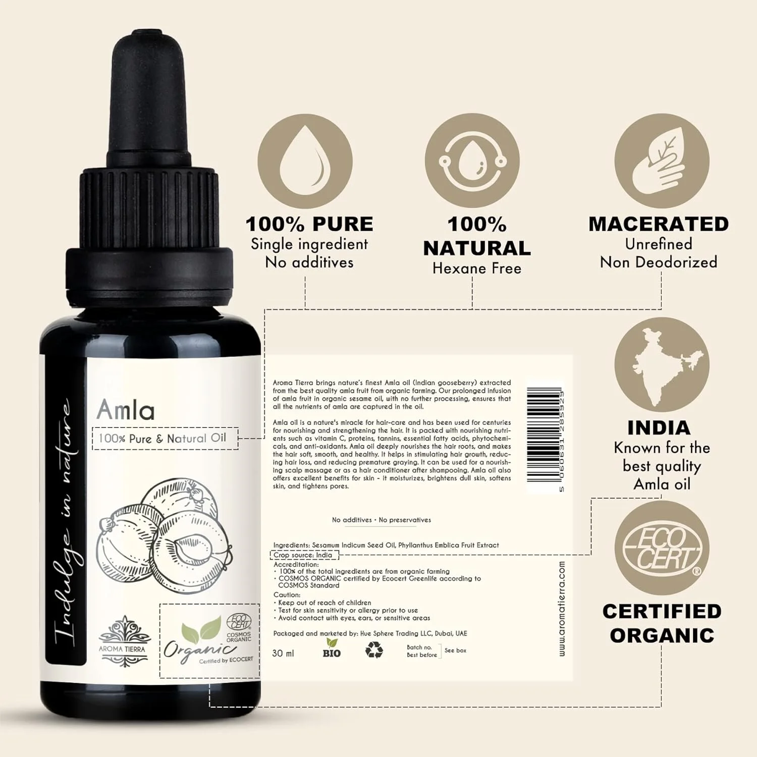 روغن آملا آروما تیرا (انگور فرنگی هندی) - 100% خالص و ارگانیک - رشد مو، موهای سفید، سفید شدن زودرس، صورت و بدن - 30 میلی لیتر