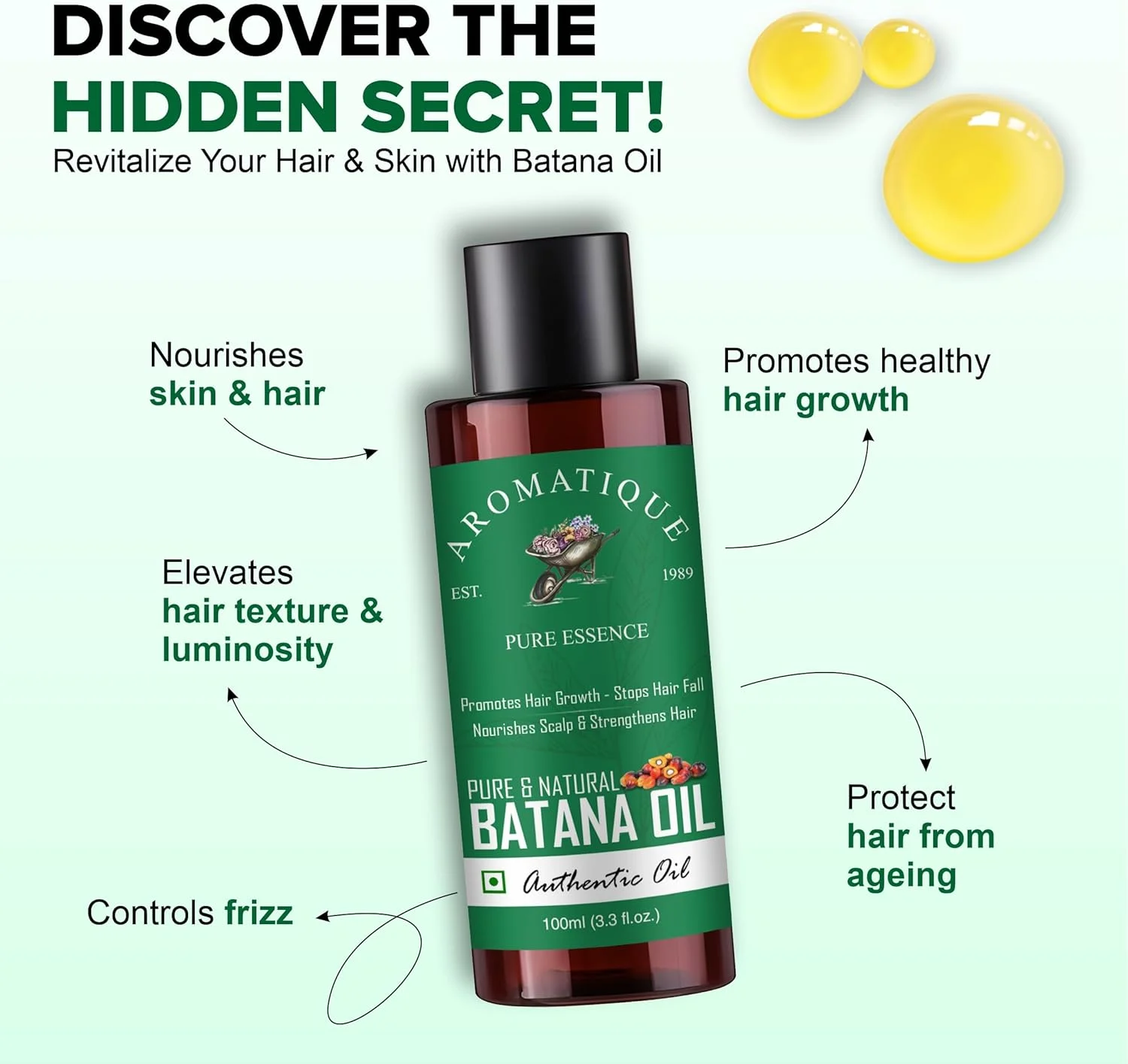 روغن باتانا آروماتیک خالص برای رشد مو و مراقبت از پوست. روغن پرس سرد، مشتق شده از روغن مغز نخل. (100 میلی لیتر)