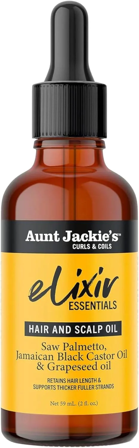 روغن مو و پوست سر Aunt Jackie's Elixir Essentials حاوی نخل اره ای، کرچک سیاه جامائیکایی و روغن هسته انگور، مغذی، ضخیم کننده و پشتیبان رشد مو، 59 میل