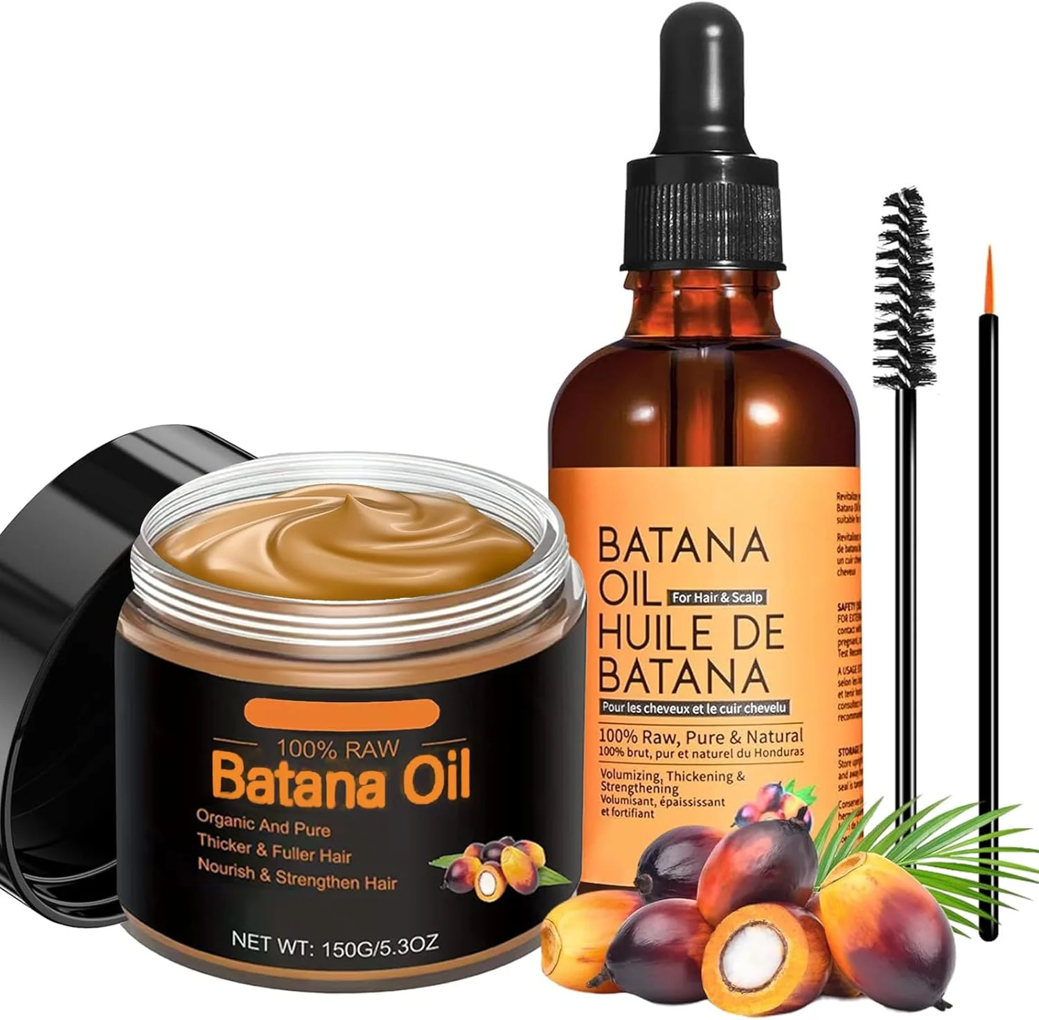 مجموعه ۴ عددی روغن باتانا برای رشد مو، ۱۶۰ میلی لیتر روغن باتانا خام + ۱۵۰ گرم خمیر، برس مژه و ابرو، ۱۰۰٪ روغن بوتانا خالص و طبیعی برای پوست سر، لبه ها و ابروها، تغذیه عمیق پوست سر برای موهای ضخیم تر