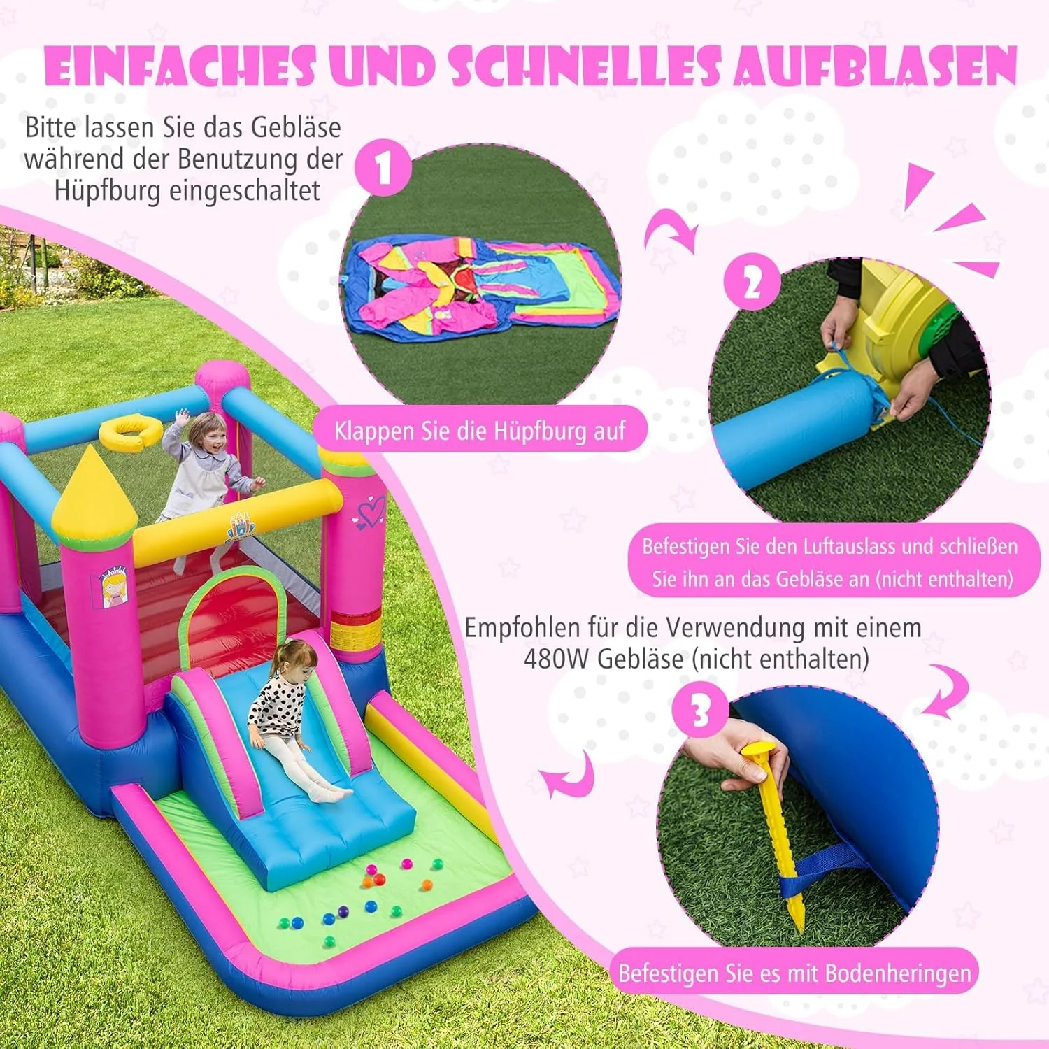 قلعه بادی فنتاستیک با سرسره، محوطه پرش، استخر توپ و حلقه بسکتبال، قلعه بادی پارچه آکسفورد با کیف حمل، کیت تعمیر، مناسب فضای داخلی و خارجی، 363 x 202 x 205 سانتی متر قلعه بادی فنتاستیک با سرسره، محوطه پرش، استخر توپ و حلقه بسکتبال، قلعه بادی پارچه آکسفورد با کیف حمل، کیت تعمیر، مناسب فضای داخلی و خارجی، 363 x 202 x 205 سانتی متر