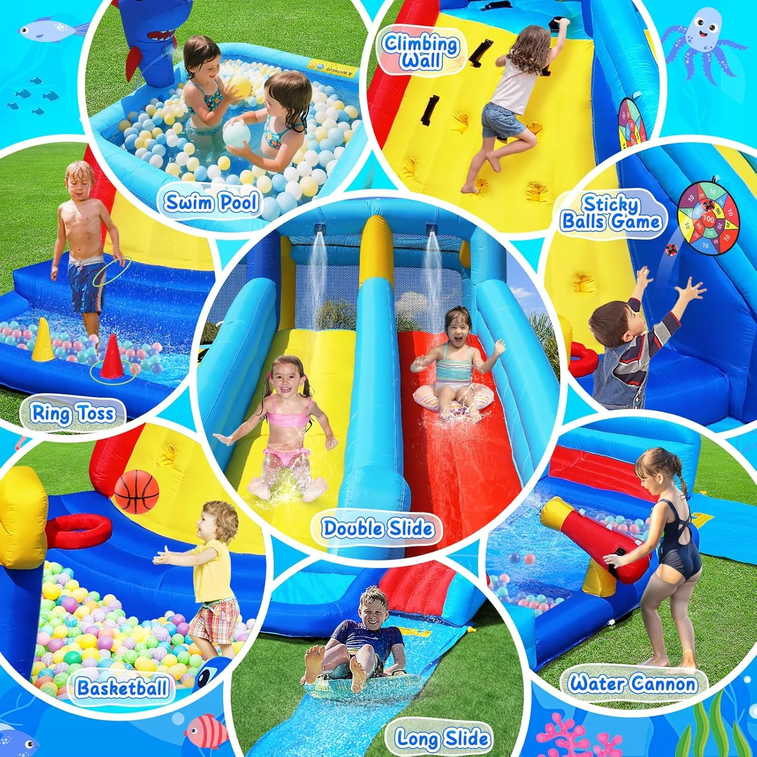 قلعه بادی سرسره دار دوگانه آبی برای کودکان 3 تا 12 سال، قلعه بادی بزرگ با سرسره بلند، پمپ هوا 550 وات، استخر توپ، استخر شنا، صخره نوردی، خانه بادی برای جشن تولد قلعه بادی سرسره دار دوگانه آبی برای کودکان 3 تا 12 سال، قلعه بادی بزرگ با سرسره بلند، پمپ هوا 550 وات، استخر توپ، استخر شنا، صخره نوردی، خانه بادی برای جشن تولد