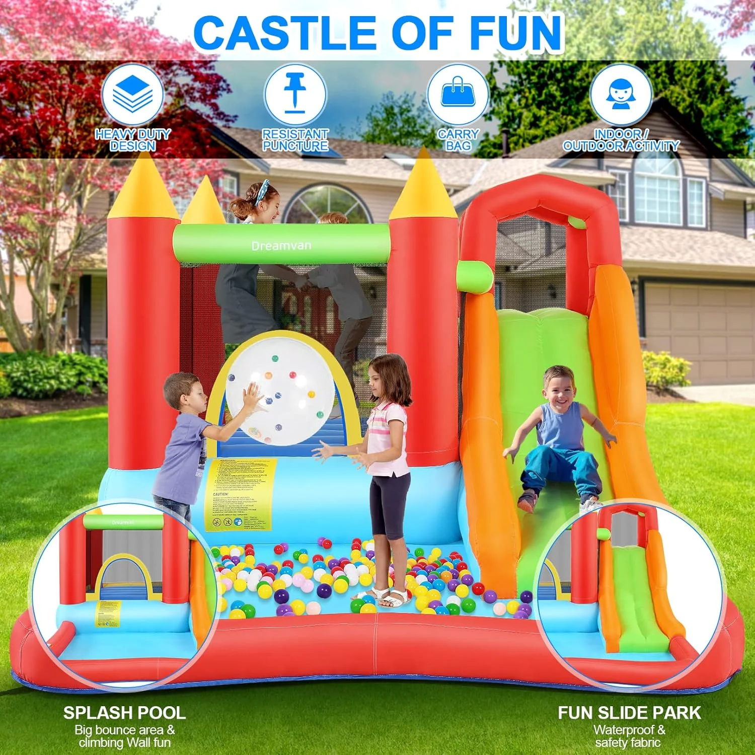 قلعه بادی با سرسره | قلعه بادی برای کودکان در داخل/خارج از منزل، شامل دمنده GFCI، میخ ها و کیت تعمیر، ساعت ها سرگرمی مهمانی، بهترین هدیه برای کودکان 3-10 سال قلعه بادی با سرسره | قلعه بادی برای کودکان در داخل/خارج از منزل، شامل دمنده GFCI، میخ ها و کیت تعمیر، ساعت ها سرگرمی مهمانی، بهترین هدیه برای کودکان 3-10 سال