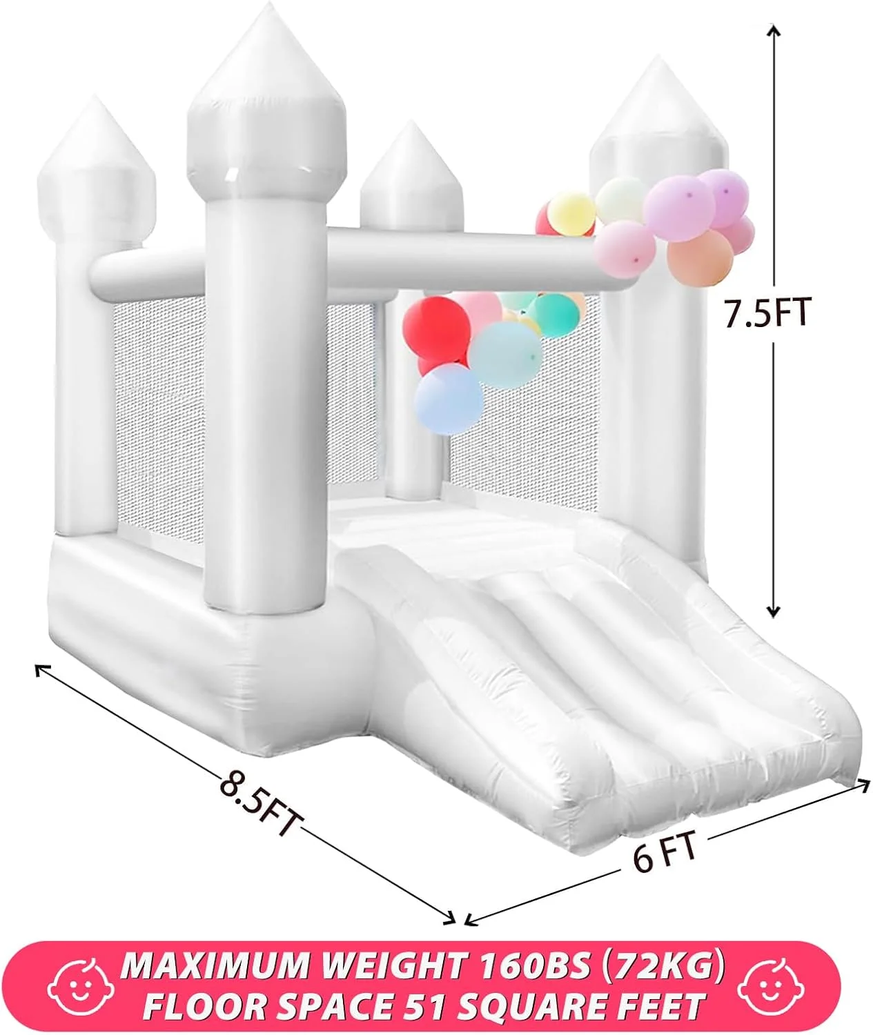 قلعه بادی سفید بدون دمنده مناسب فضای داخلی و خارجی برای کودکان 2 تا 8 سال، قلعه بادی آکسفورد با سرسره و بادکنک، 261x180x228 سانتی متر، هدیه جشن تولد کودک (بدون دمنده) قلعه بادی سفید بدون دمنده مناسب فضای داخلی و خارجی برای کودکان 2 تا 8 سال، قلعه بادی آکسفورد با سرسره و بادکنک، 261x180x228 سانتی متر، هدیه جشن تولد کودک (بدون دمنده)