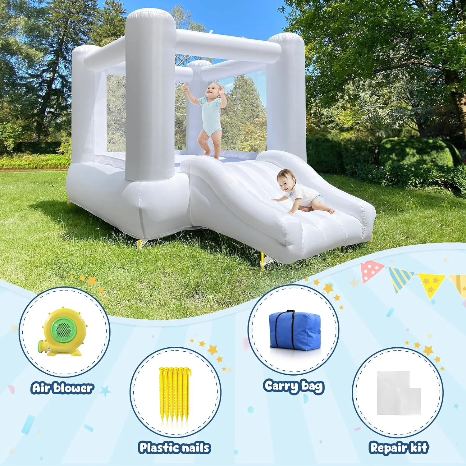 قلعه بادی سفید برای کودکان ۲ تا ۸ سال، مناسب فضای داخلی و خارجی، قلعه بادی آکسفورد با سرسره و دمنده، ۲۶۱x۱۸۰x۲۲۸ سانتی متر، هدیه تولد برای هالووین و کریسمس قلعه بادی سفید برای کودکان ۲ تا ۸ سال، مناسب فضای داخلی و خارجی، قلعه بادی آکسفورد با سرسره و دمنده، ۲۶۱x۱۸۰x۲۲۸ سانتی متر، هدیه تولد برای هالووین و کریسمس