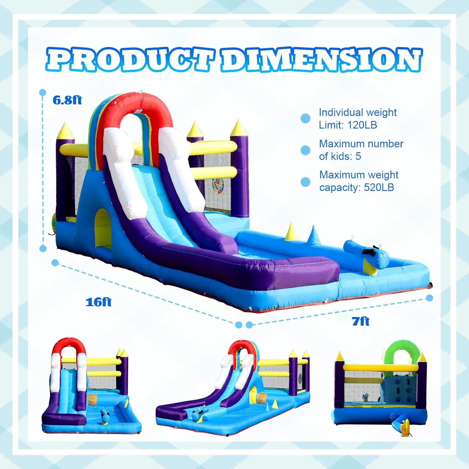 قلعه بادی سرسره دار، قلعه بادی 4.8 متری با دمنده برای کودکان، جامپینگ بادی با سرسره، دیوار صخره نوردی، موانع، ترامپولین، استخر توپ، مناسب برای مهمانی حیاط خلوت