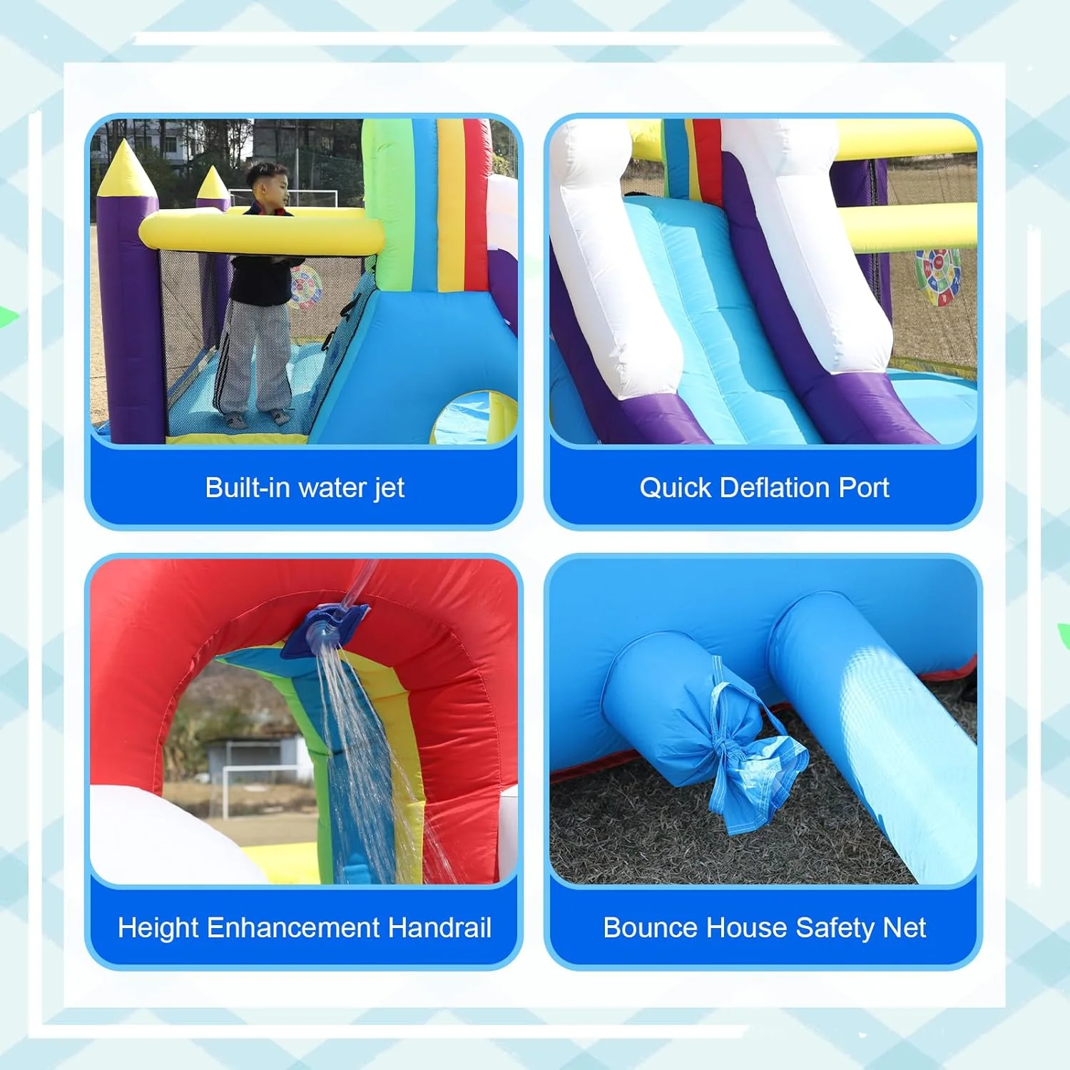 قلعه بادی سرسره دار، قلعه بادی 4.8 متری با دمنده برای کودکان، جامپینگ بادی با سرسره، دیوار صخره نوردی، موانع، ترامپولین، استخر توپ، مناسب برای مهمانی حیاط خلوت