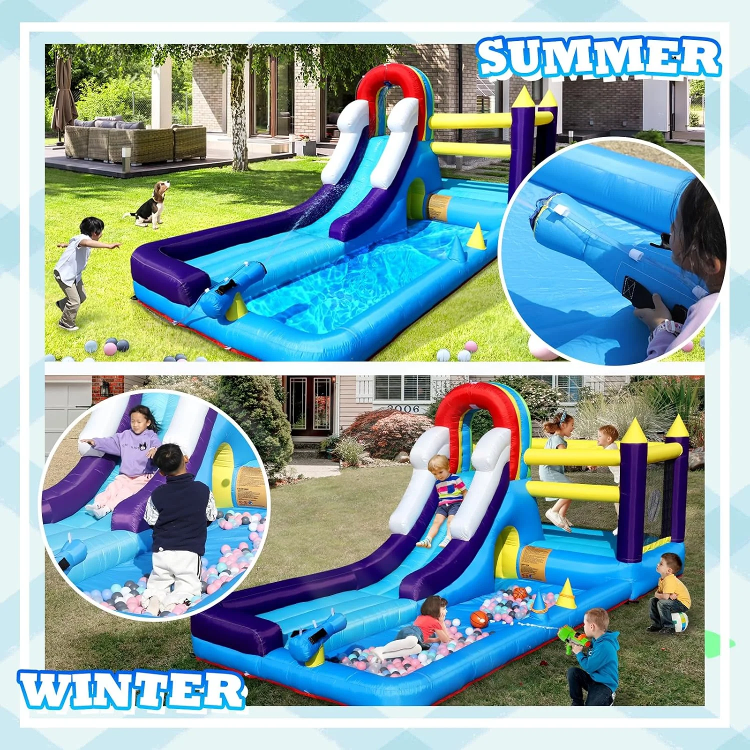 قلعه بادی سرسره دار، قلعه بادی 4.8 متری با دمنده برای کودکان، جامپینگ بادی با سرسره، دیوار صخره نوردی، موانع، ترامپولین، استخر توپ، مناسب برای مهمانی حیاط خلوت