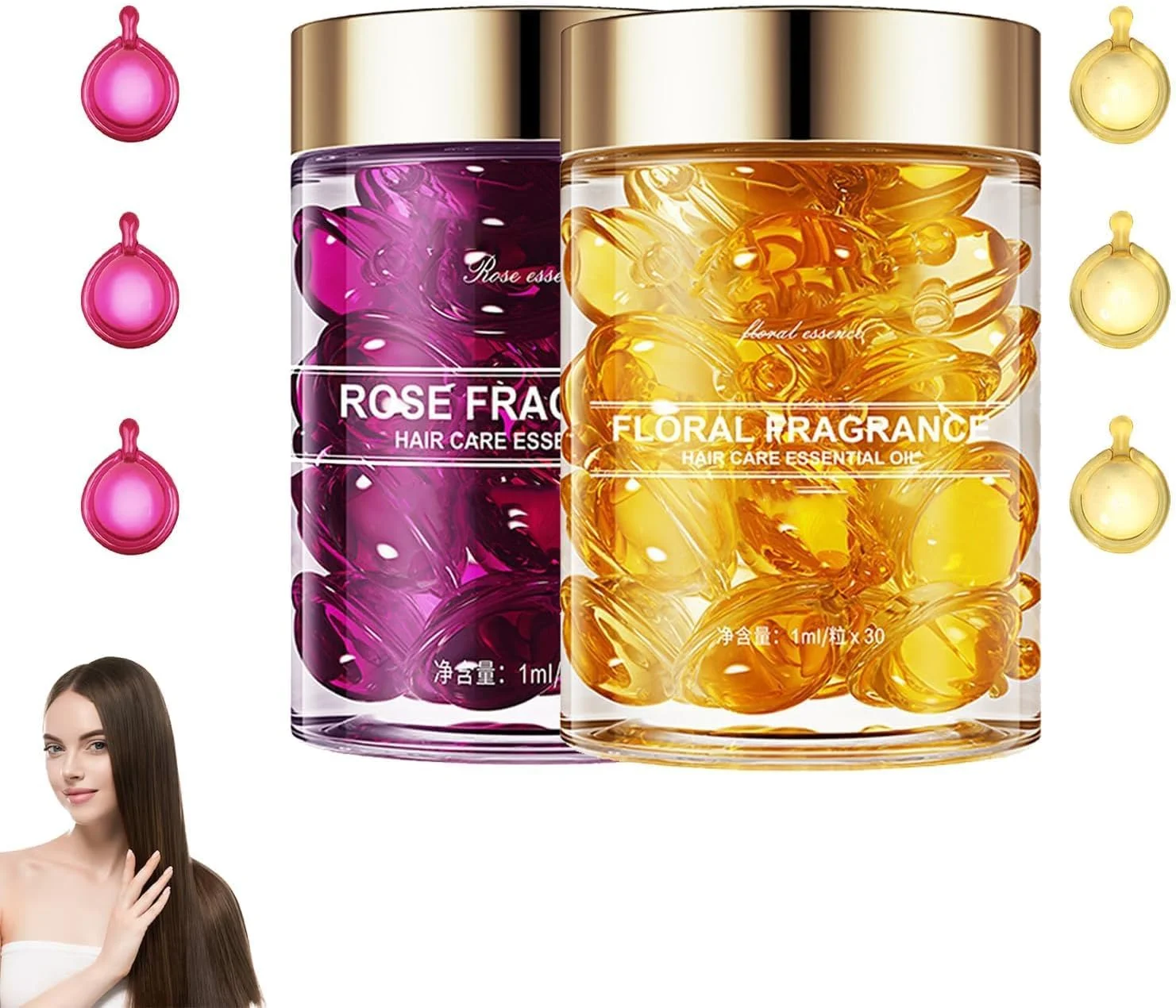 کپسول های مراقبت از مو، 2 بطری 30 عددی سرم روغن مو، روغن ضروری مرطوب کننده و ضد وز برای ترمیم و مراقبت از مو، بهبود خشکی و وز (رز قرمز، زرد)