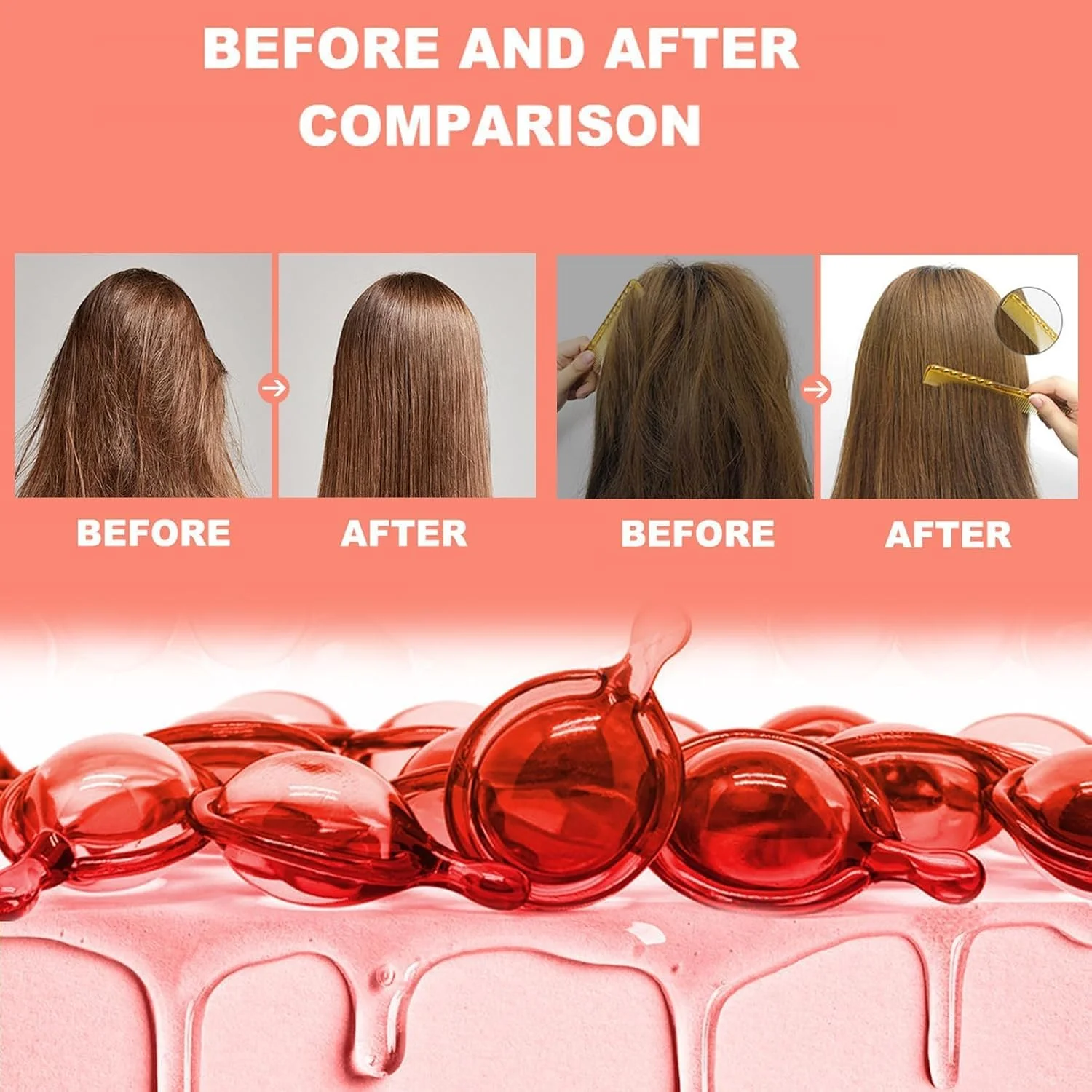 کپسول های مراقبت از مو، 2 بطری 30 عددی سرم روغن مو، روغن ضروری مرطوب کننده و ضد وز برای ترمیم و مراقبت از مو، بهبود خشکی و وز (رز قرمز، زرد)