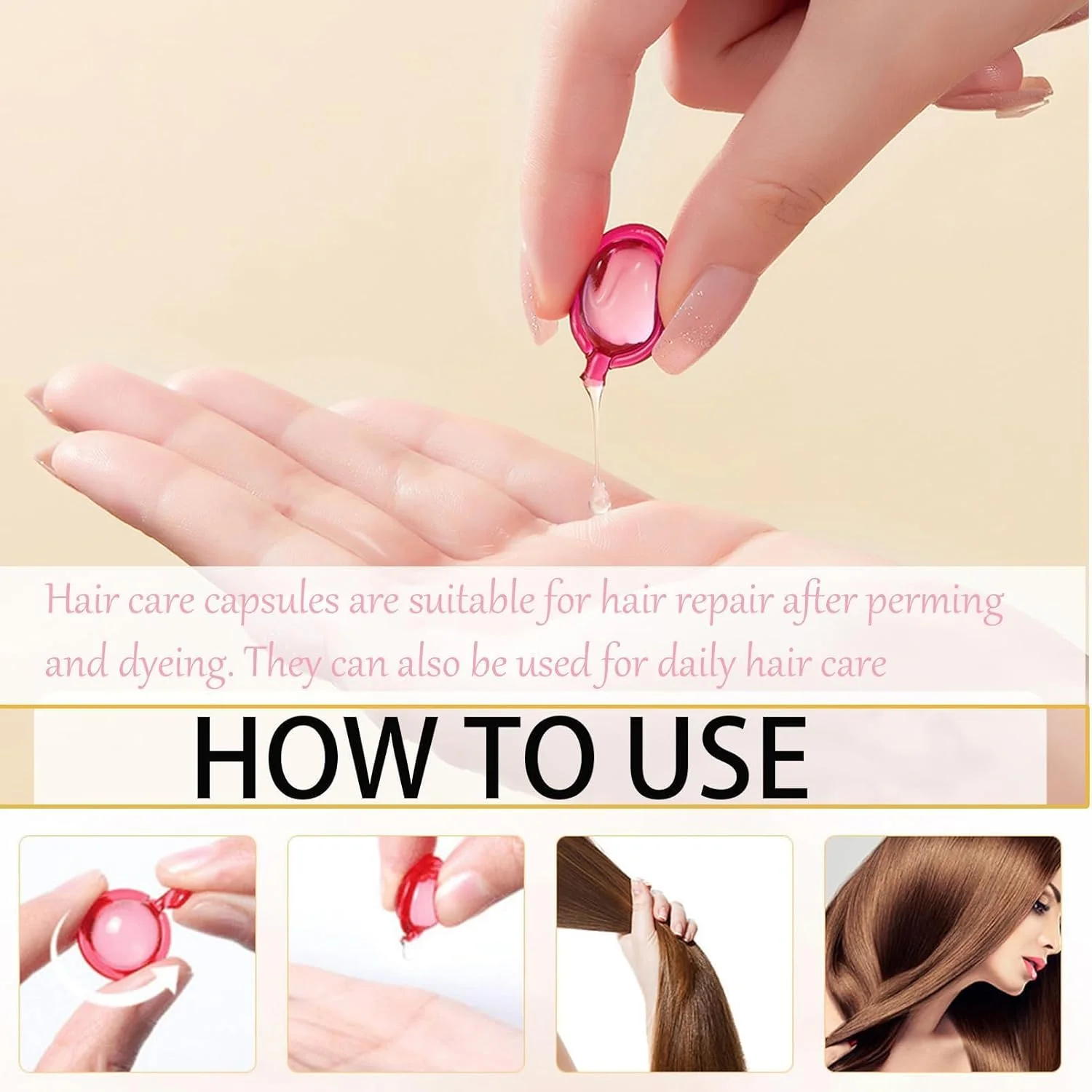 کپسول های مراقبت از مو، 2 بطری 30 عددی سرم روغن مو، روغن ضروری مرطوب کننده و ضد وز برای ترمیم و مراقبت از مو، بهبود خشکی و وز (رز قرمز، زرد)