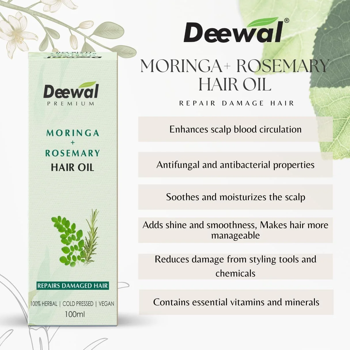 روغن مو مورینگا + رزماری دیوال | روغن گیاهی مو برای ترمیم موهای آسیب دیده | عصاره طبیعی کنترل ریزش مو و رشد مو | وگان و پرس سرد | فرمول 100% طبیعی