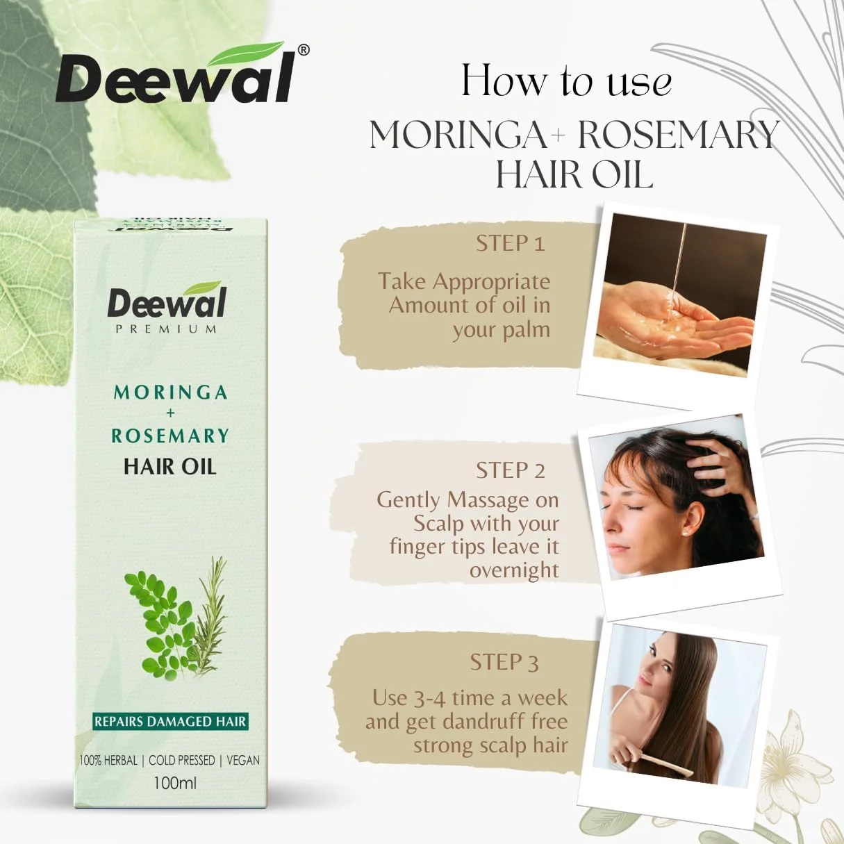 روغن مو مورینگا + رزماری دیوال | روغن گیاهی مو برای ترمیم موهای آسیب دیده | عصاره طبیعی کنترل ریزش مو و رشد مو | وگان و پرس سرد | فرمول 100% طبیعی