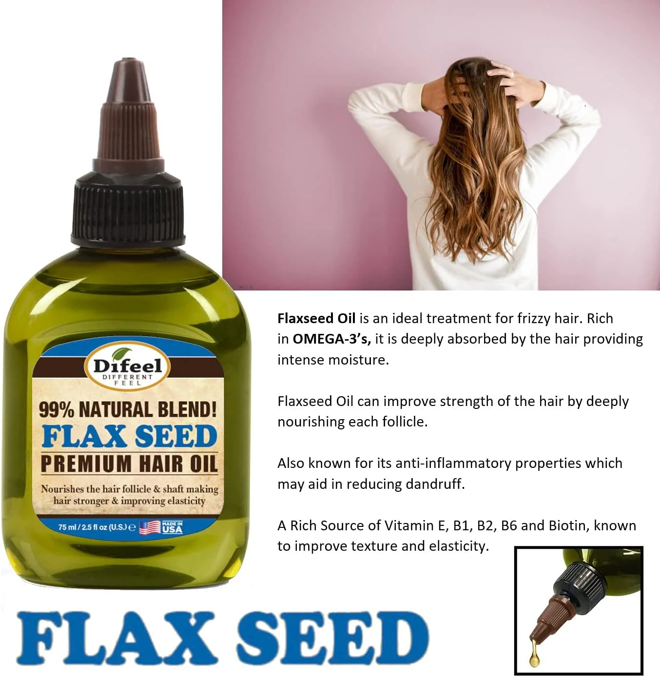 روغن موی طبیعی ممتاز دیفیل - روغن تخم کتان 75 میلی لیتر - تقویت کننده و مرطوب کننده مو