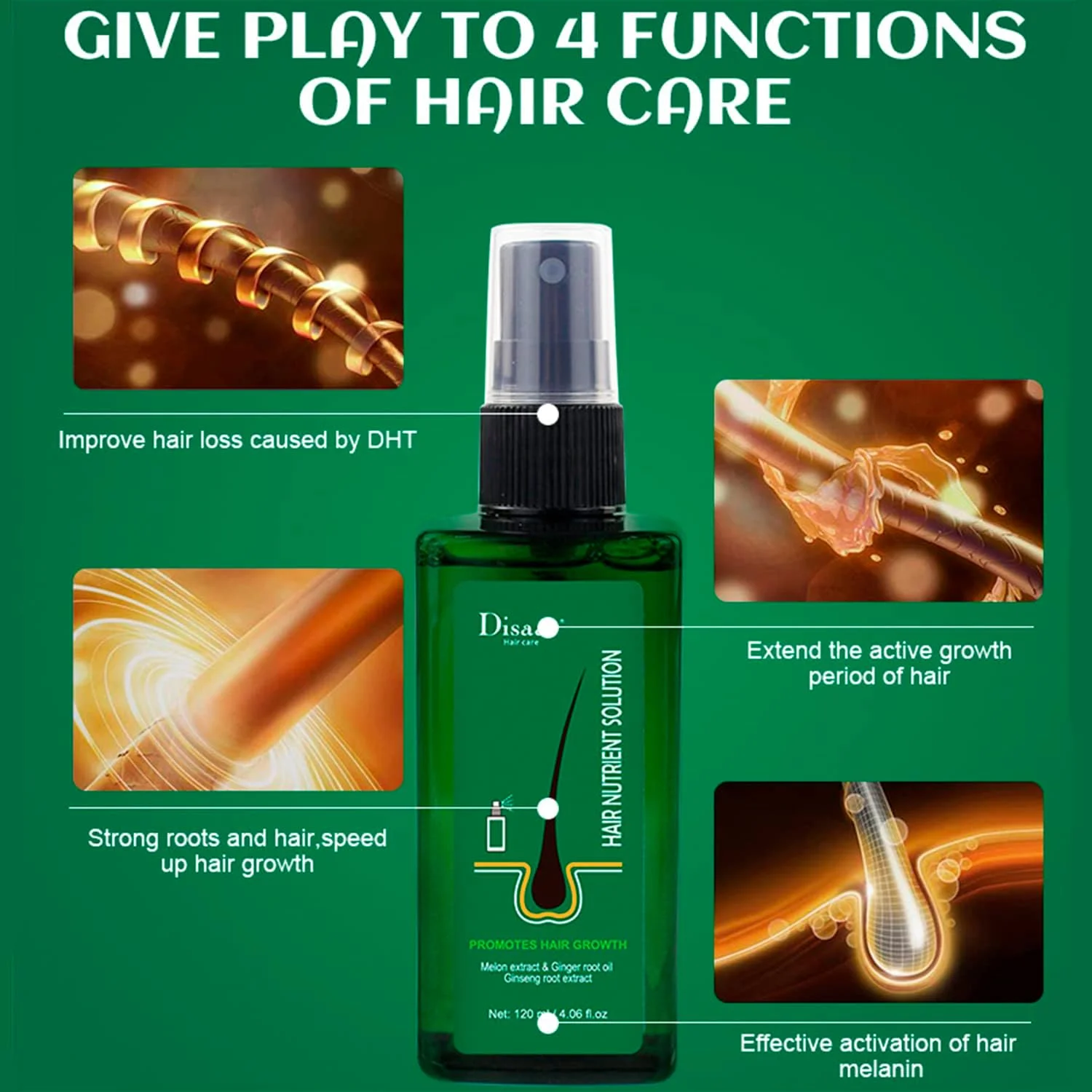 اسپری محلول روغن رشد مو زنجبیلی دیسار بیوتی، مغذی و ترمیم کننده طبیعی ریشه فولیکول مو، حاوی عصاره خربزه و عصاره ریشه جینسینگ، 120 میلی لیتر