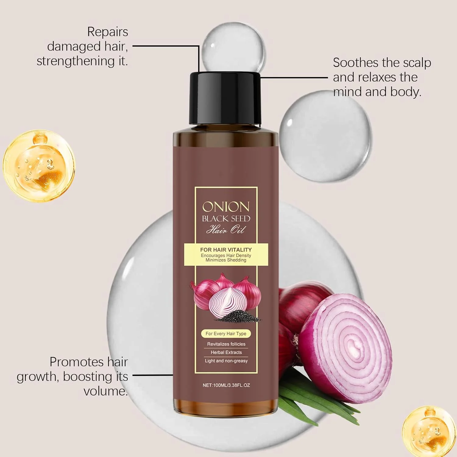 روغن مو پیاز Makbeaty، روغن مو دانه سیاه پیاز با اپلیکاتور شانه ای - کنترل ریزش مو - بدون روغن معدنی، سیلیکون و پارابن - 100 میلی لیتر