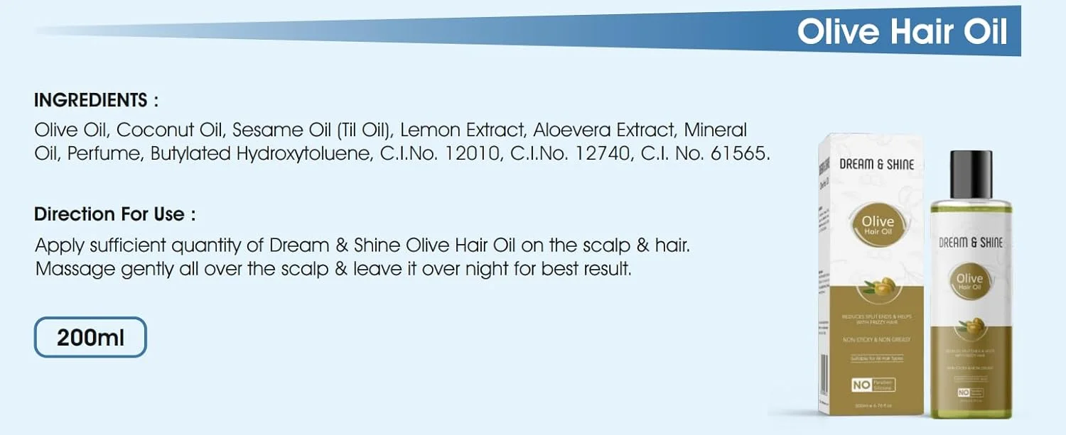 روغن موی زیتون دریم اند شاین، 200 میلی لیتر، غیر چسبنده و غیر چرب، درمان موخوره، مناسب برای انواع مو