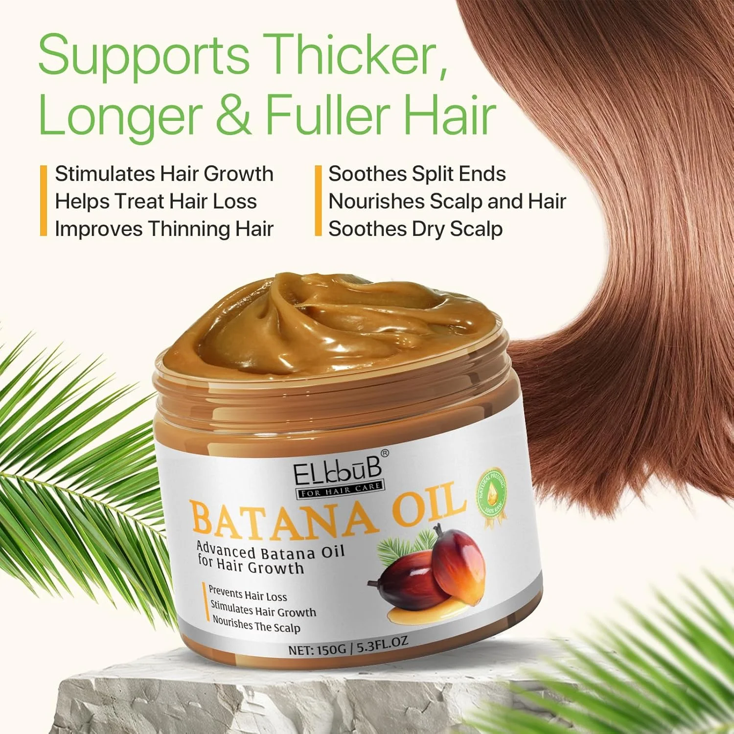 روغن باتانا خام ELBBUB برای رشد و ترمیم مو - 100% خالص، روغن تصفیه نشده از جنگل های بارانی هندوراس، جلوگیری از ریزش مو و افزایش ضخامت مو در مردان و زنان