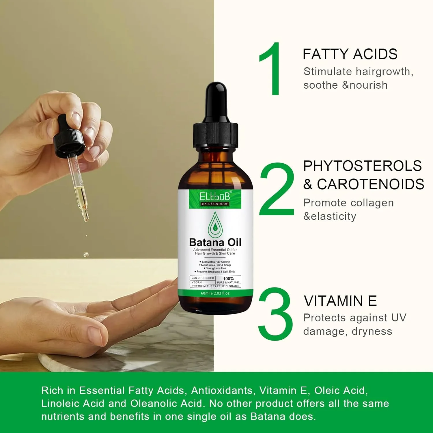 روغن باتانا ELBBUB برای مو - روغن موی ارگانیک برای رشد و ترمیم موهای خشک و آسیب دیده، روغن مراقبت از صورت و بدن